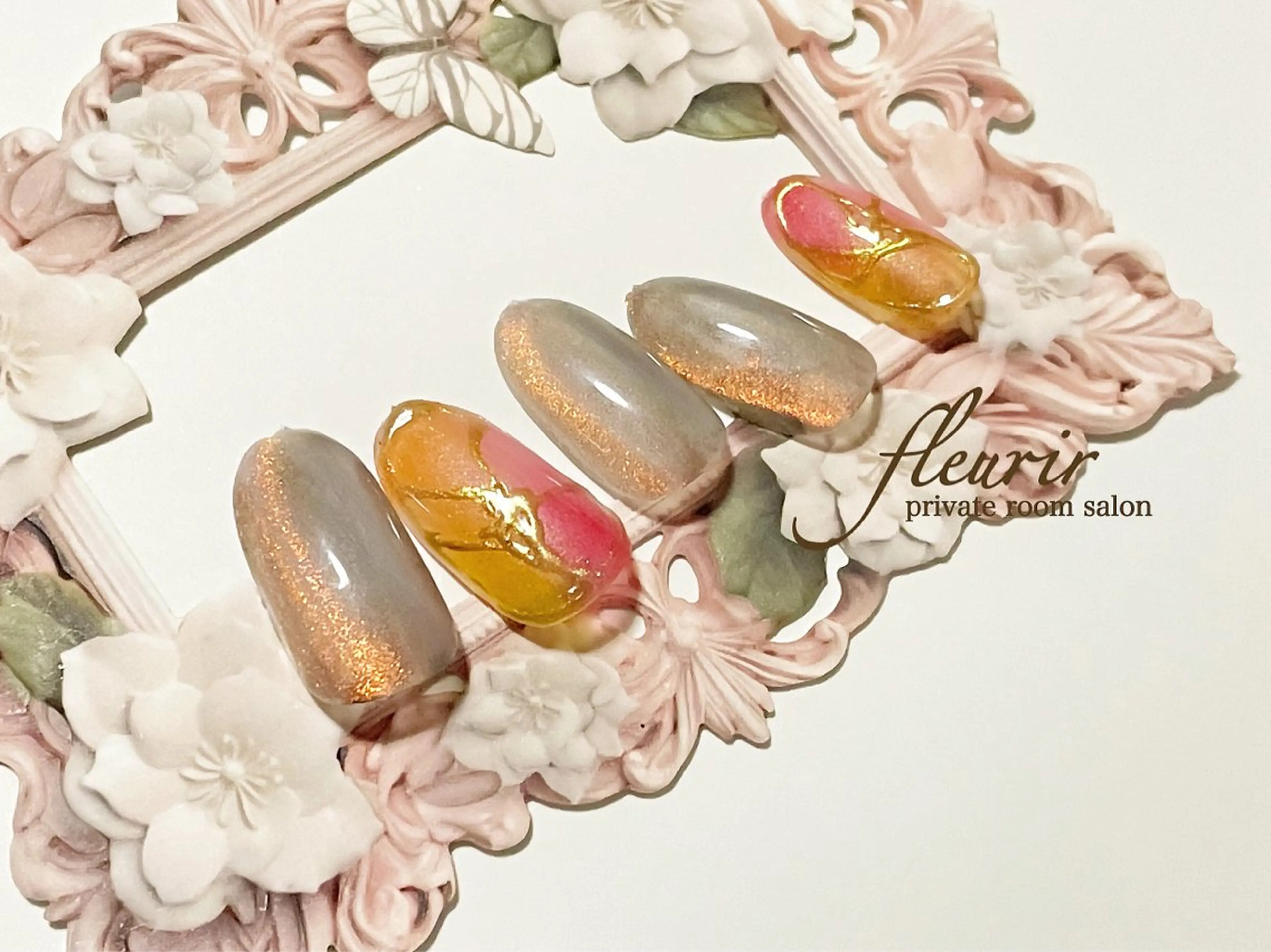 ネイル アートネイル ブラウン マグネットネイル 大理石ネイル(マーブル) ミラーネイル フルリール 【プライベートサロンのネイルデザイン