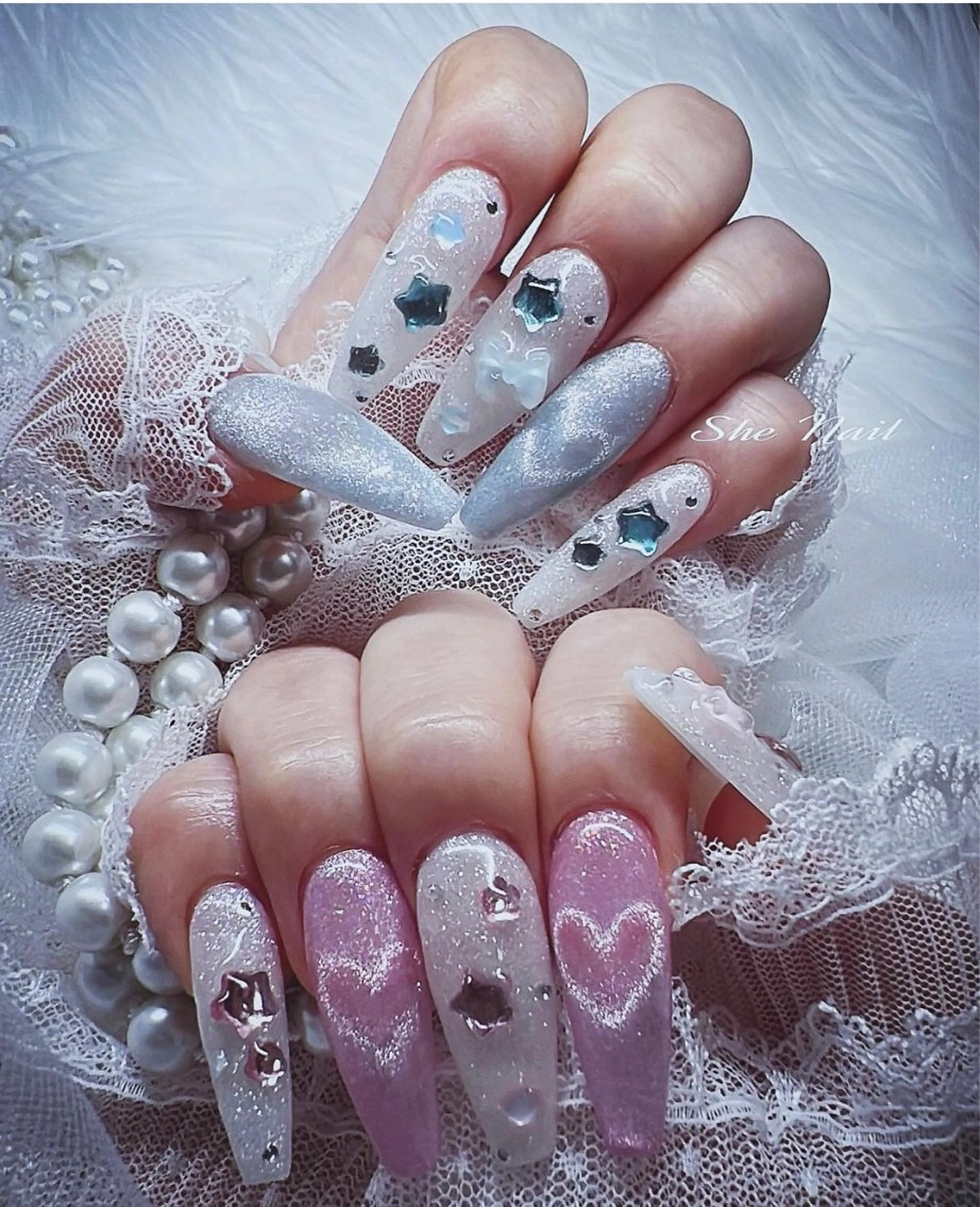 ネイル チークネイル 長さ出し フレンチネイル ガラスフレンチ ハート She   Nail所属・ISA_ BELLAのネイルデザイン