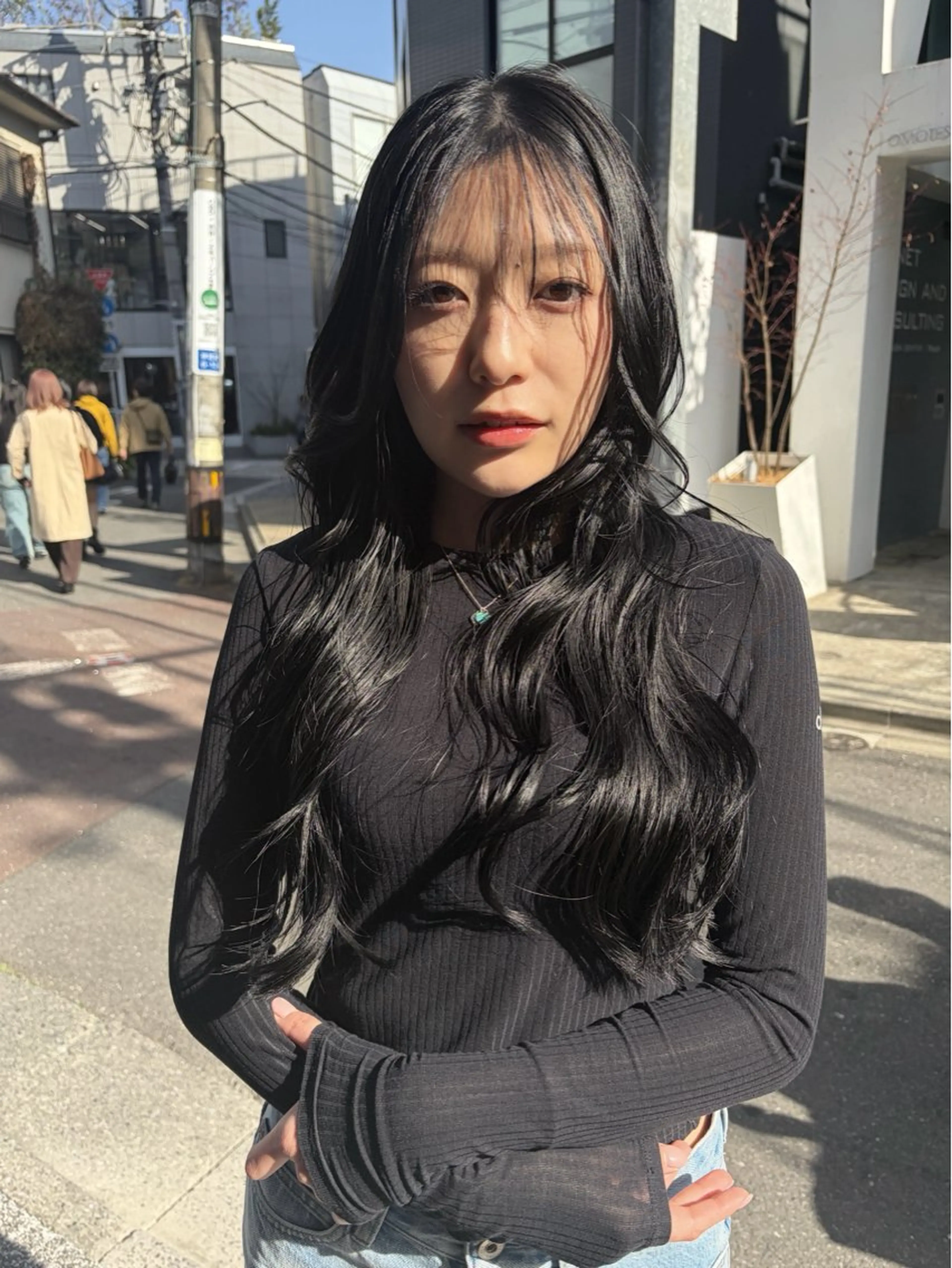 セミロング カラー 黒髪 カット ヘアカラー トリートメント 赤み消しカラー/ オリーブ/トモキのヘアスタイル