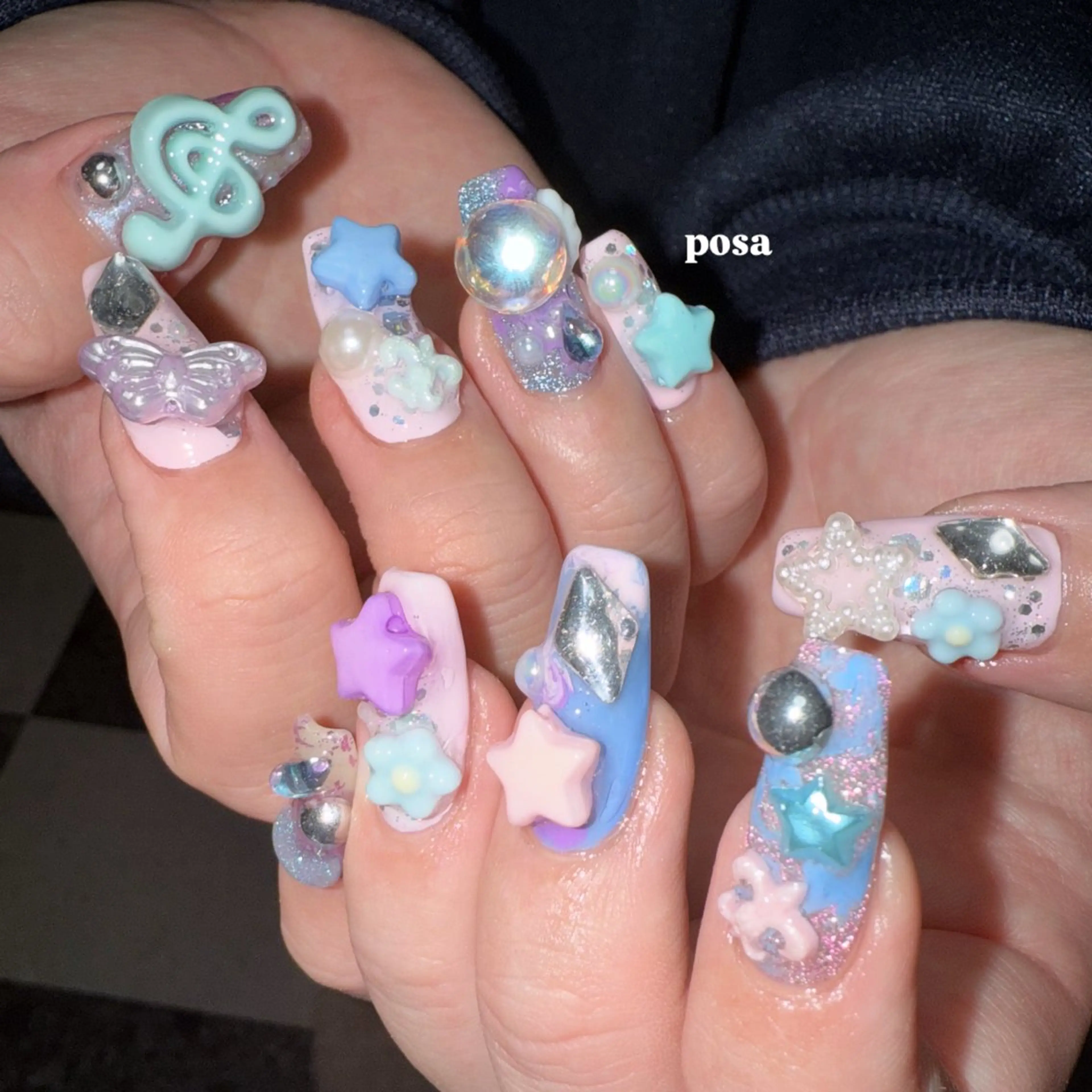 ネイル ブルー ピンク シンプルネイル ハンドネイル posa nail モエミのネイルデザイン
