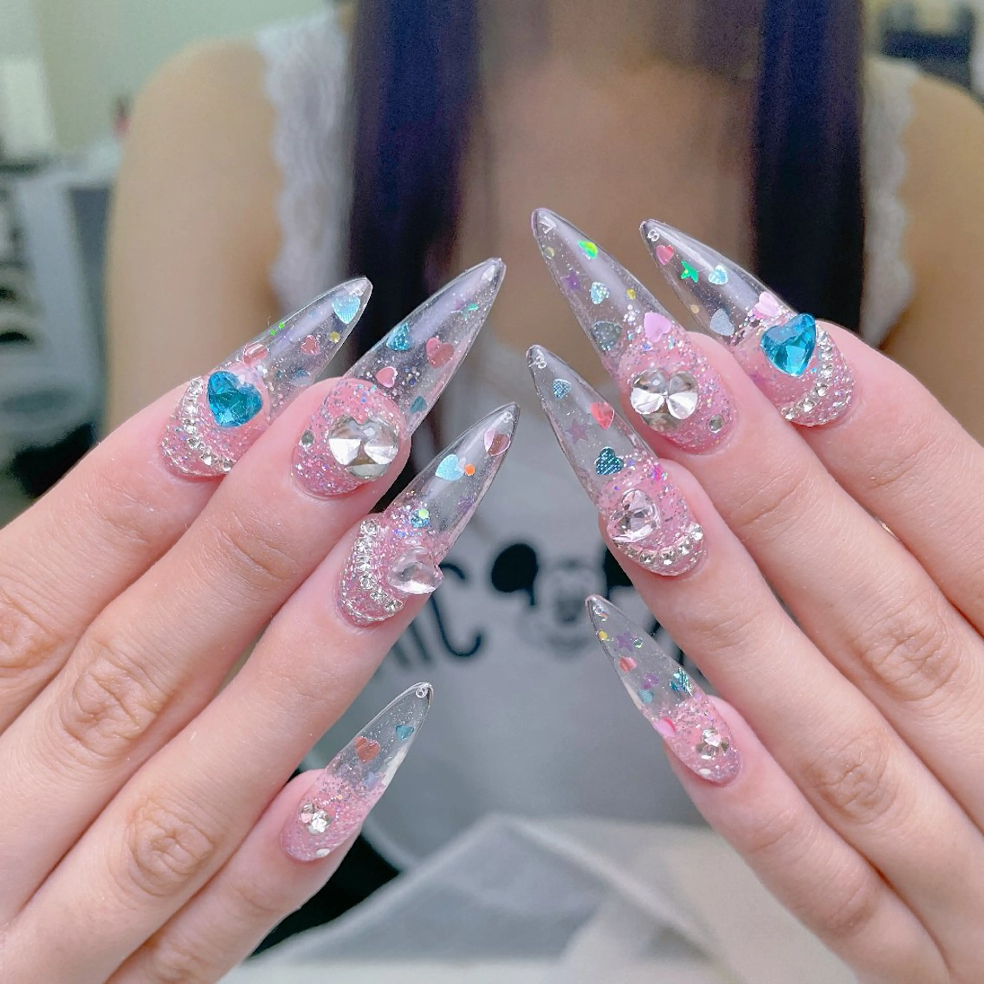 ネイル チークネイル クリアネイル ガーリー キラキラネイル 韓国ネイル princess スカルプ専門店のネイルデザイン