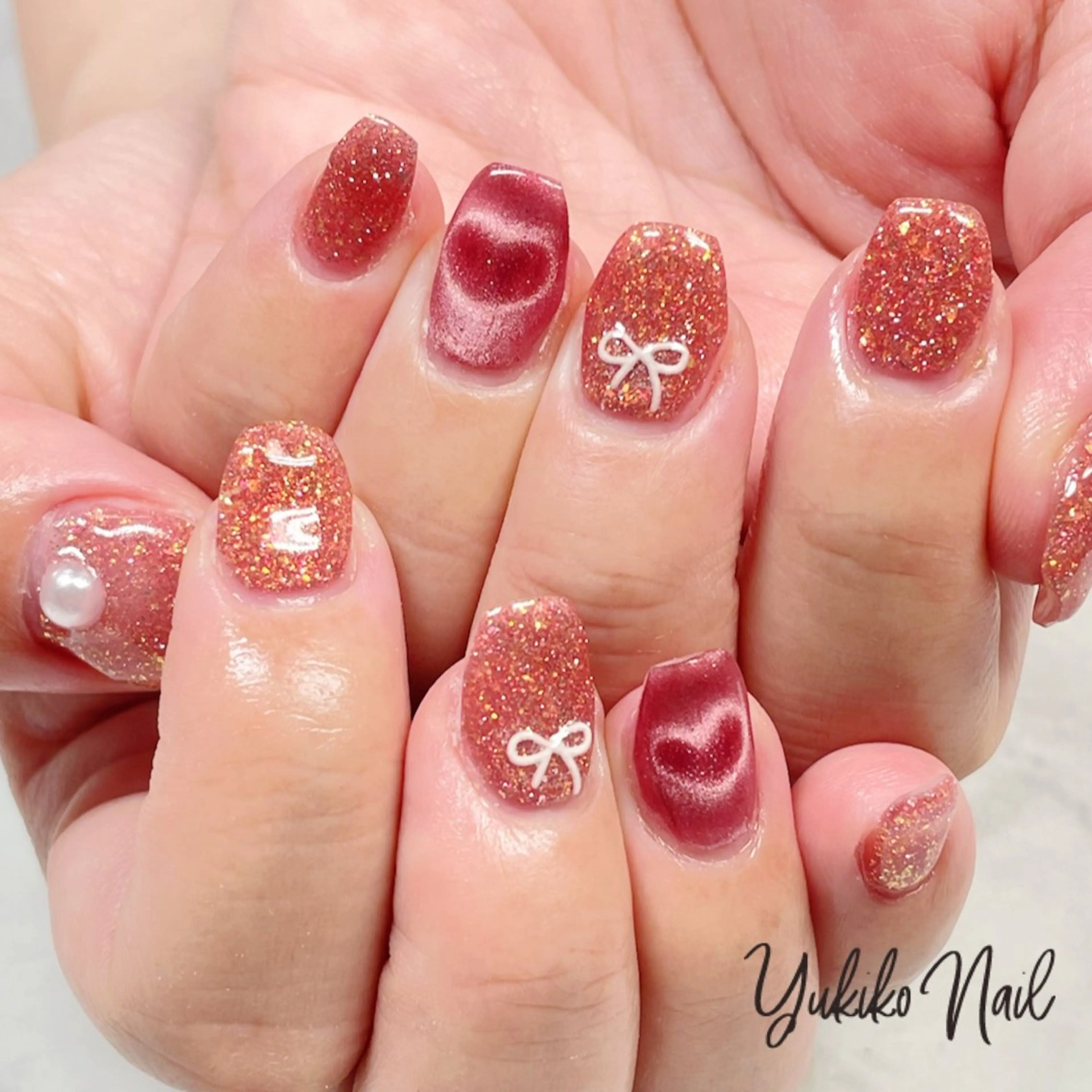 ネイル フラッシュネイル ハート キラキラネイル マグネットネイル リボン ハンドネイル ユキコ ネイルのネイルデザイン