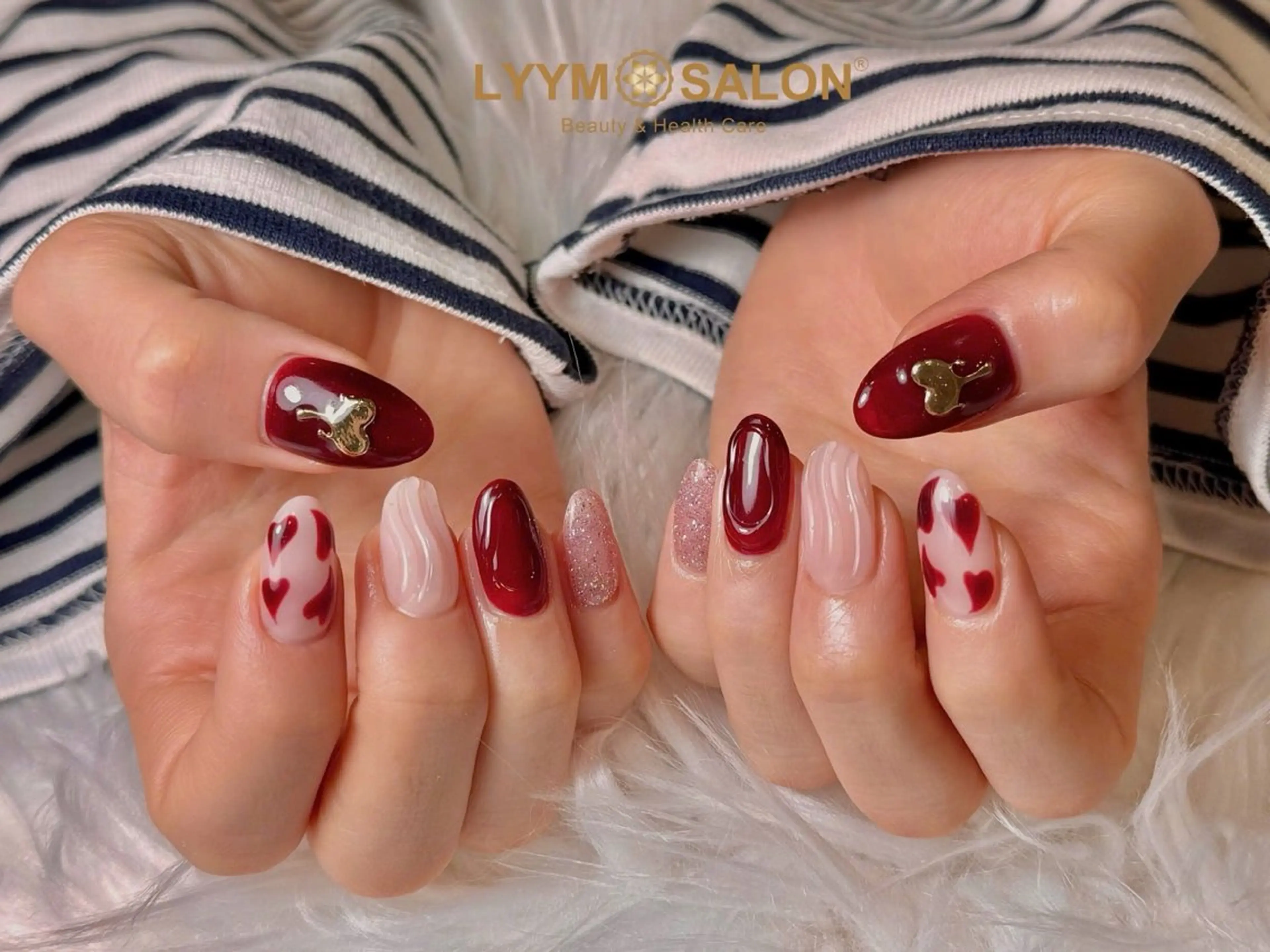 ネイル ボルドー ジェルネイル ハート 韓国ネイル バレンタイン ハンドネイル LYYM Salonのネイルデザイン