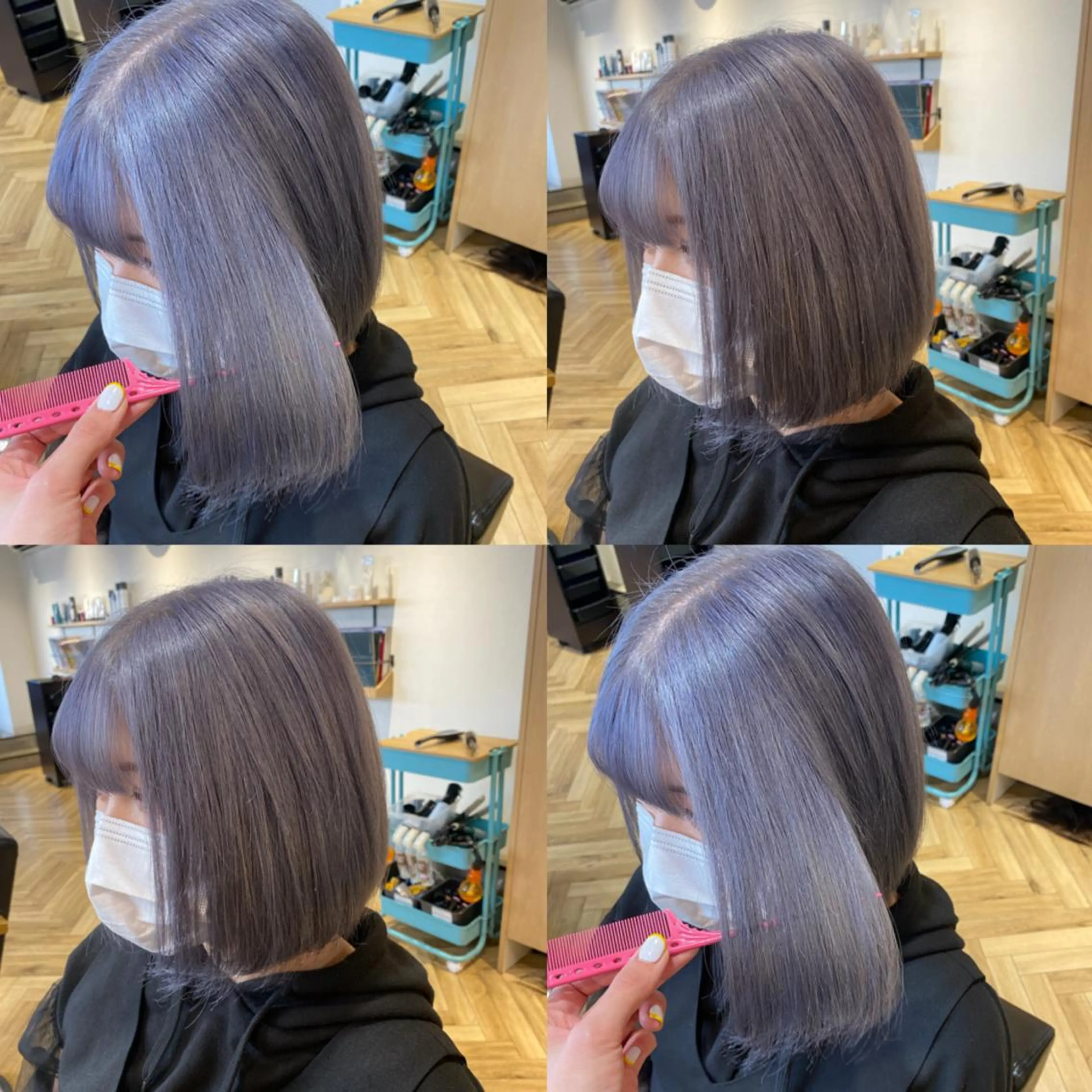 ミディアム カラー ブリーチ ブルーカラー シルバー 艶カラー/韓国顔周り 🎀mamiのヘアスタイル