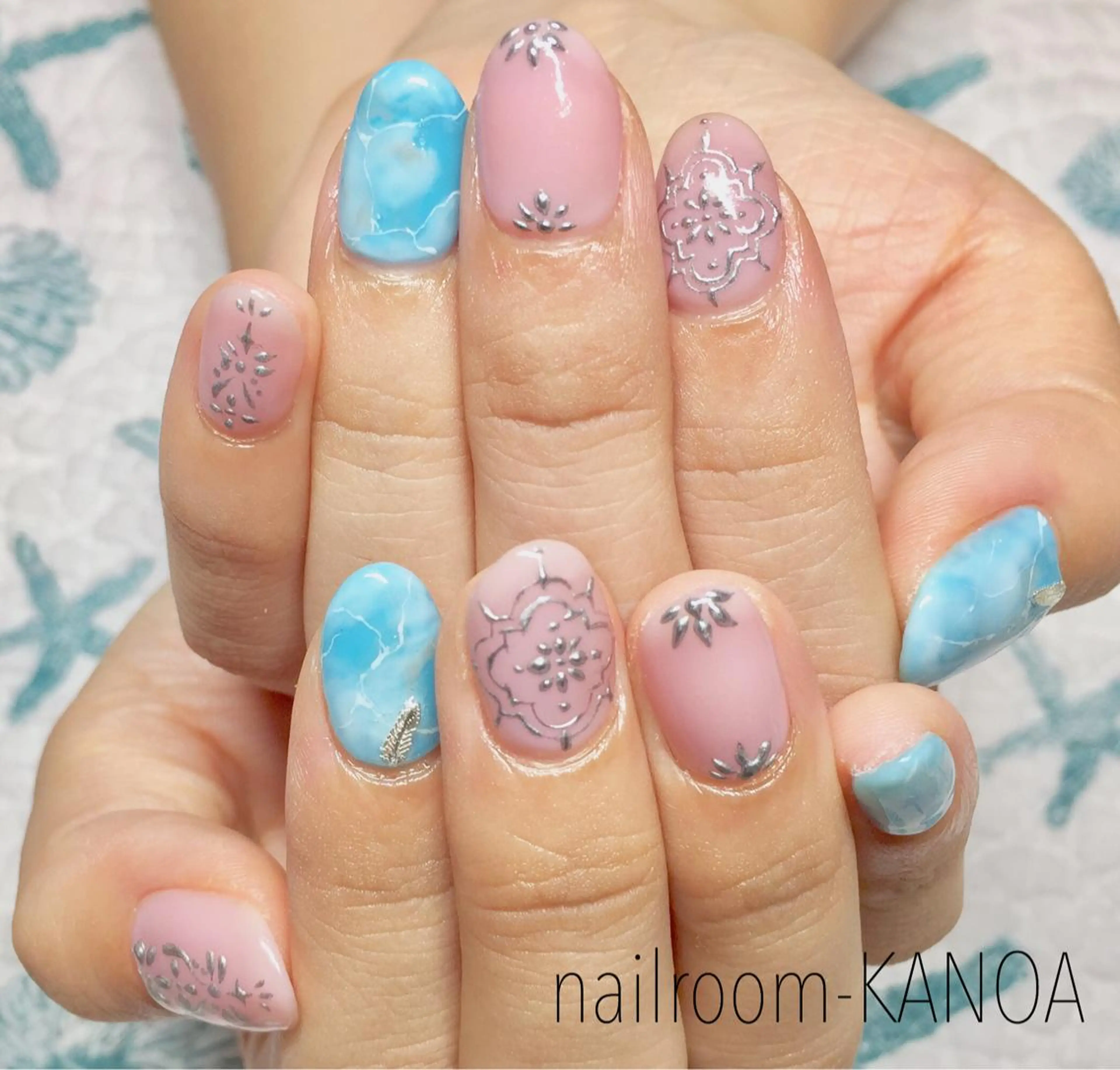 ネイル ブルー 大理石ネイル(マーブル) ピンク nailroom- KANOAのネイルデザイン
