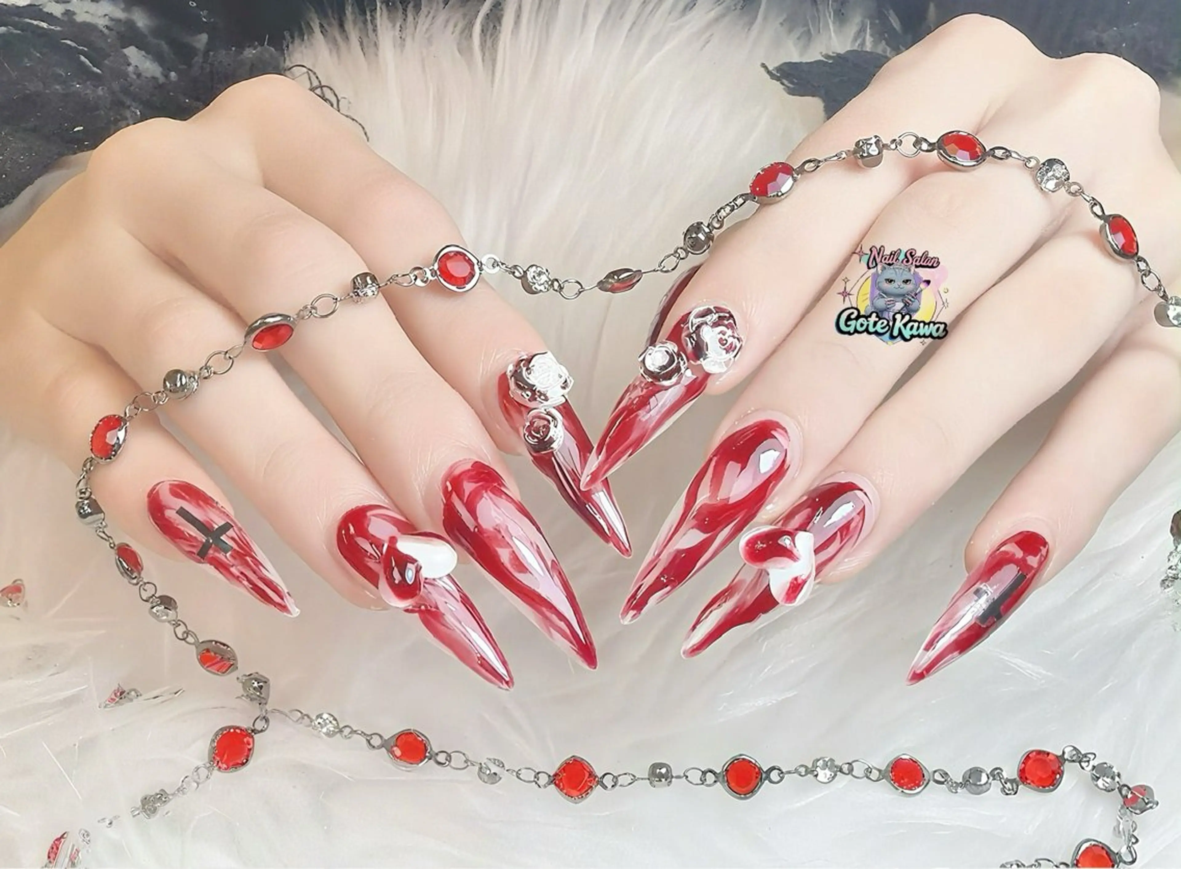 ネイル ハート 大理石ネイル(マーブル) 赤色 ハンドネイル ハンドケア GOTE KAWA Nail Salon(ゴテかわ)所属・Gote Kawa nail salonのネイルデザイン