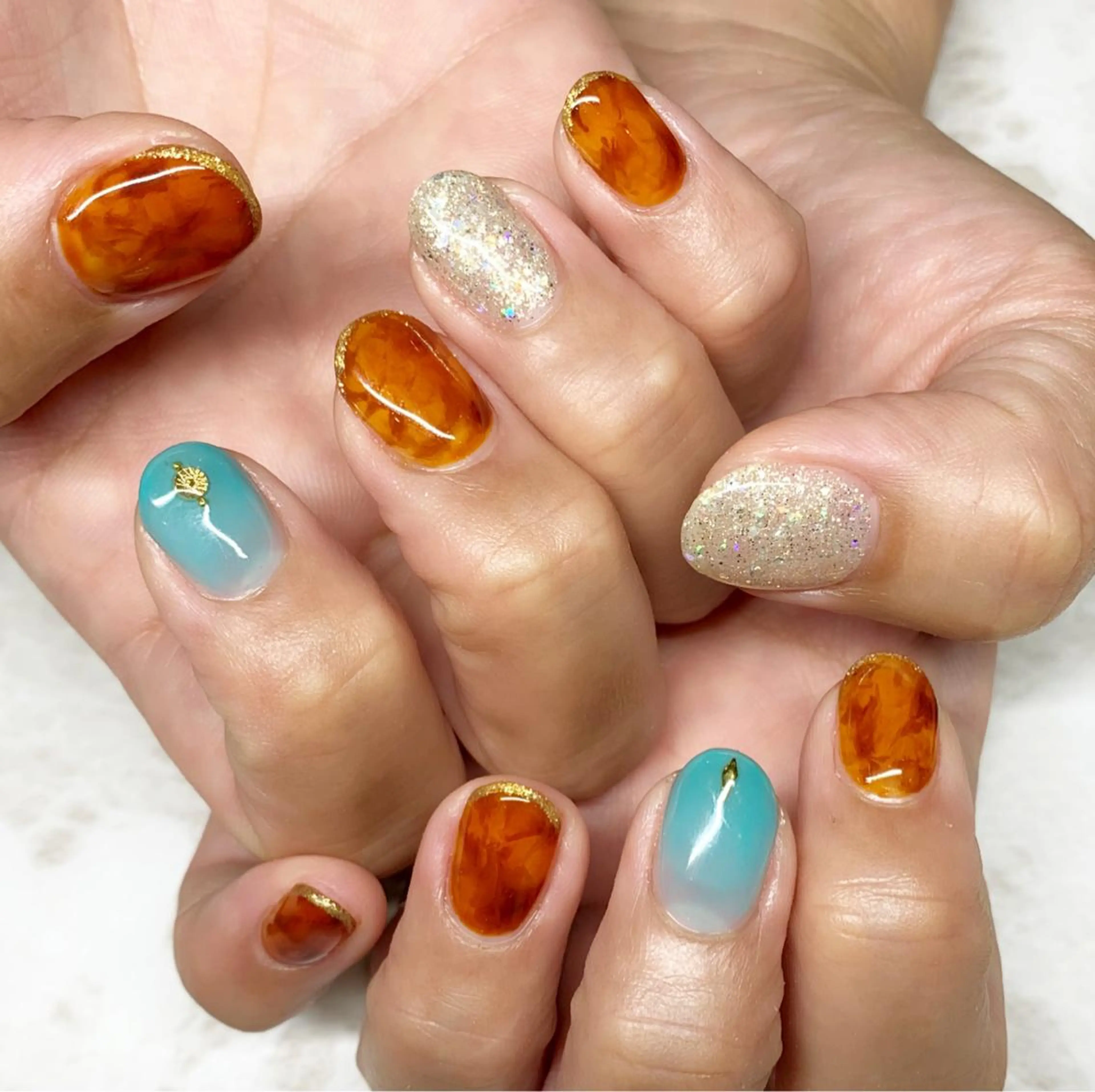 ネイル べっ甲ネイル クリアネイル グリーン ラメ(グリッター) 春ネイル Nail salon Ramo所属・松田 祥子のネイルデザイン
