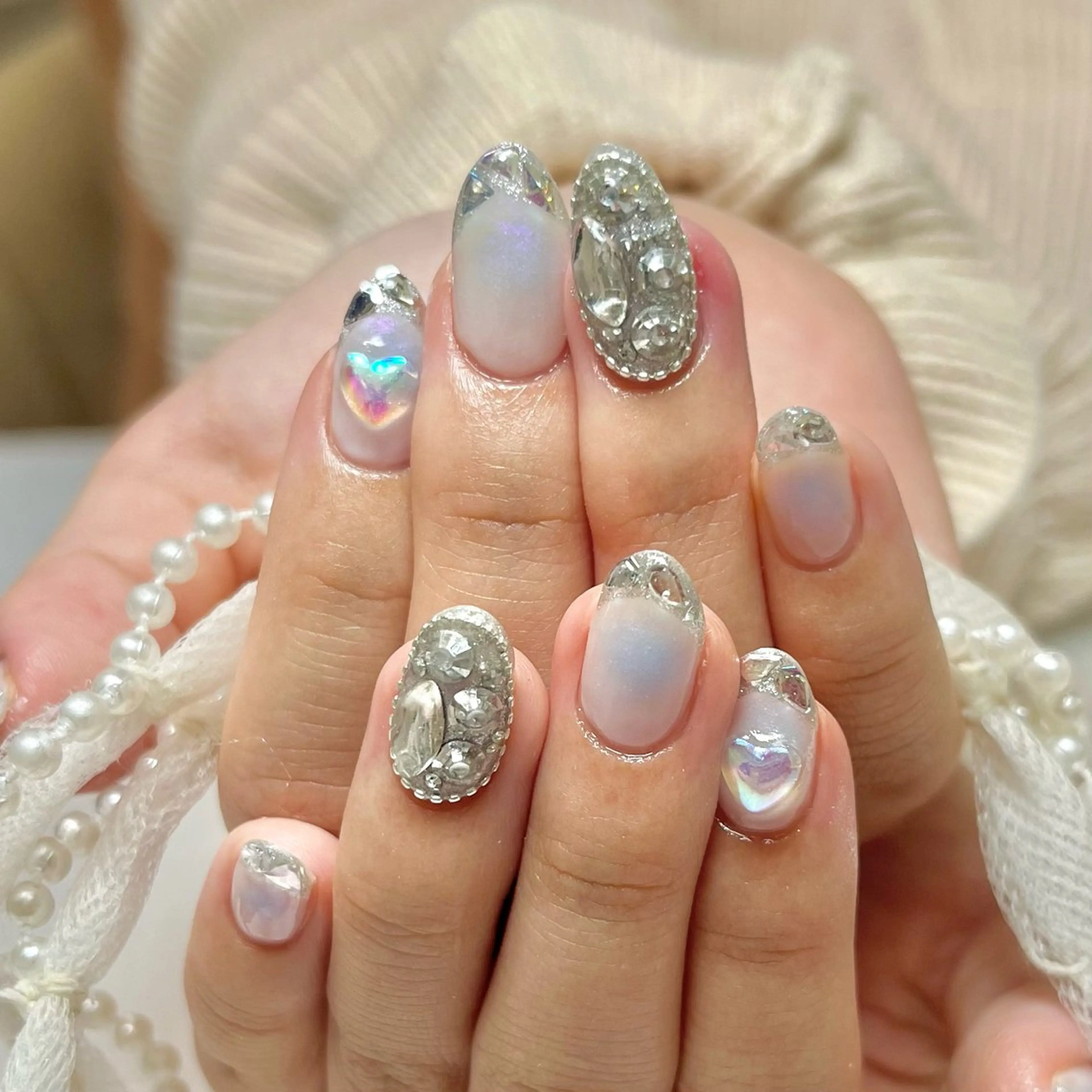 ネイル オーロラネイル チークネイル フレンチネイル ガラスフレンチ ハート 韓国ネイル💠 Tomoのネイルデザイン