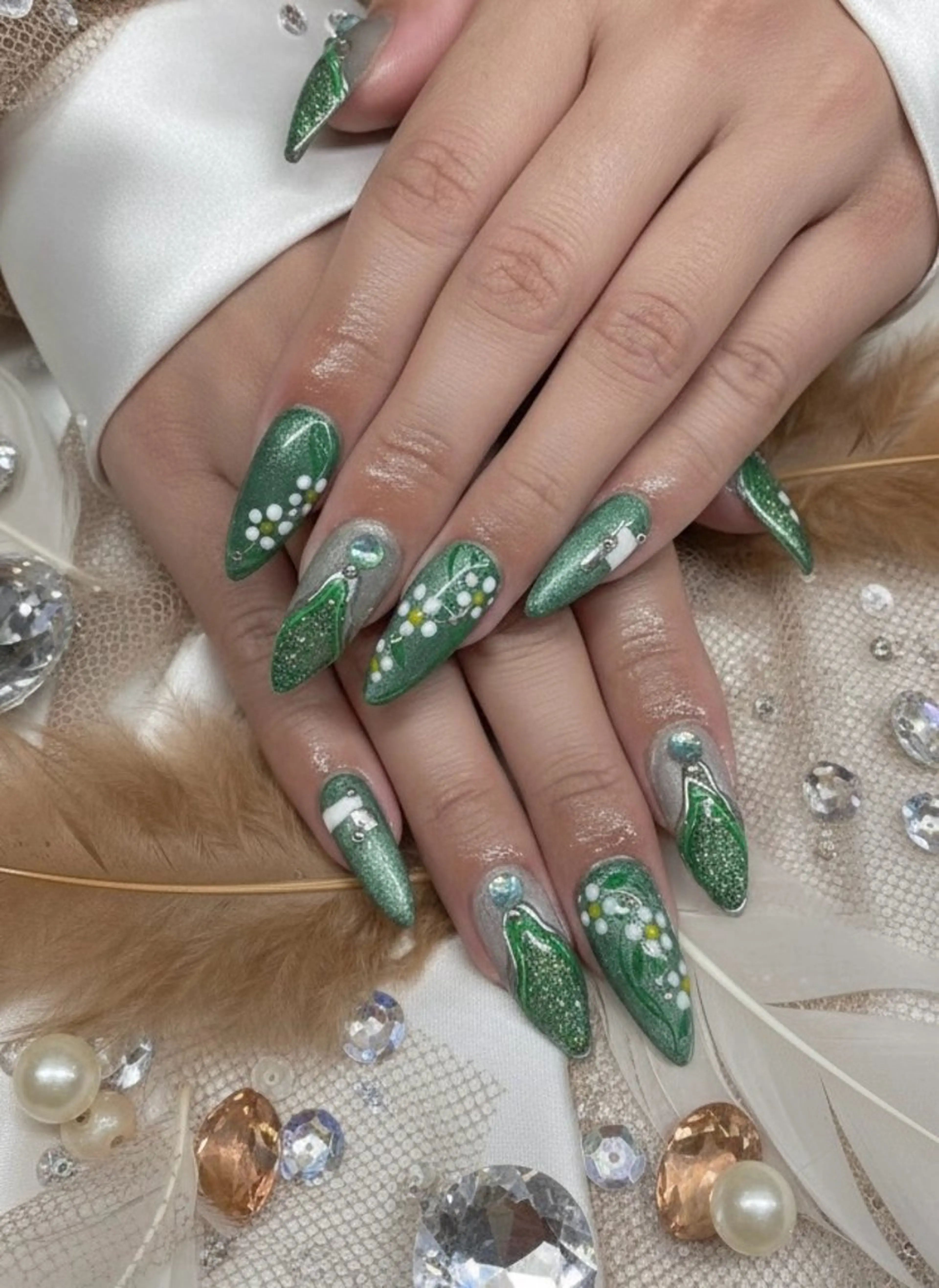 ネイル 長さ出し グリーン 韓国ネイル ロングネイル メンズネイル ハンドネイル TUNEHA堂 矢場町栄5丁目のネイルデザイン