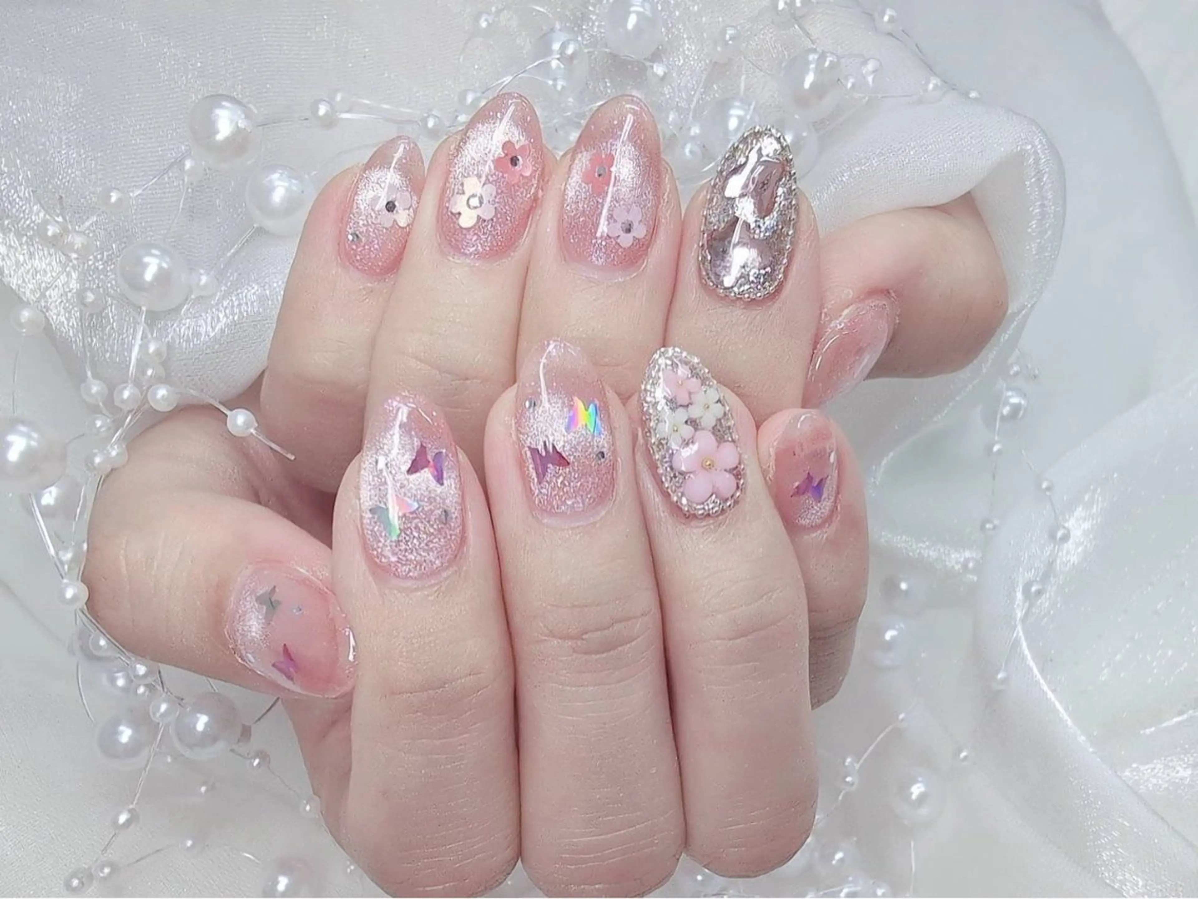 ネイル 長さ出し フラッシュネイル フレンチネイル キラキラネイル ラメ(グリッター) Chouette ここのネイルデザイン