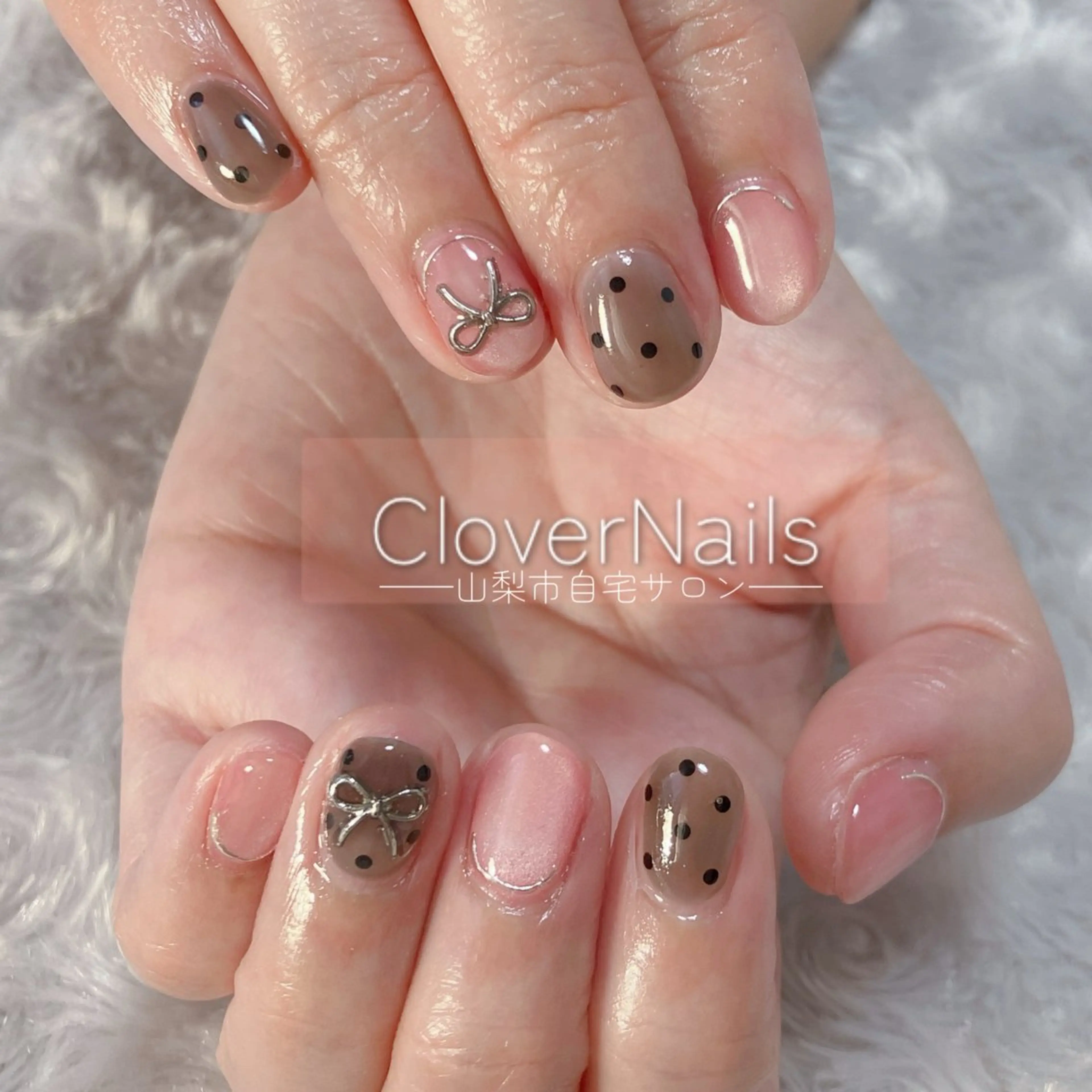 ネイル ドット マグネットネイル ピンク リボン ハンドネイル 自宅ネイルサロン クロバーネイルのネイルデザイン