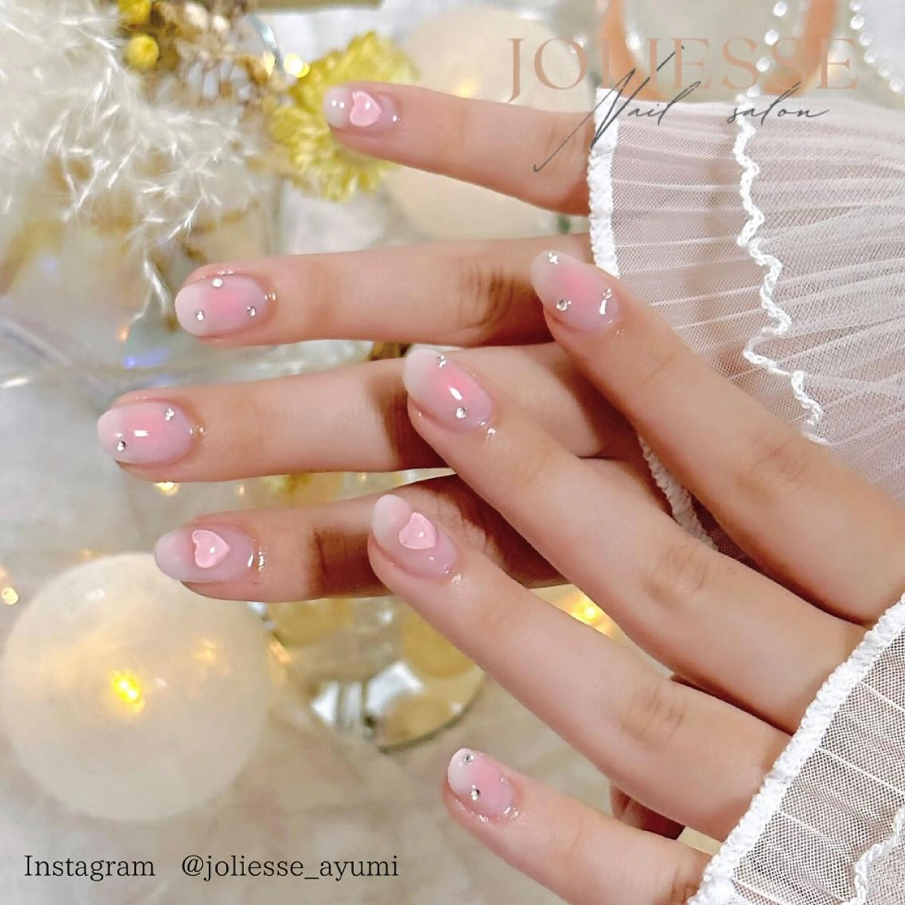 ネイル チークネイル ガーリー ハート キラキラネイル ピンク ハンドネイル joliesse【ジョリエス】所属・JOLIESSE Ayumiのネイルデザイン