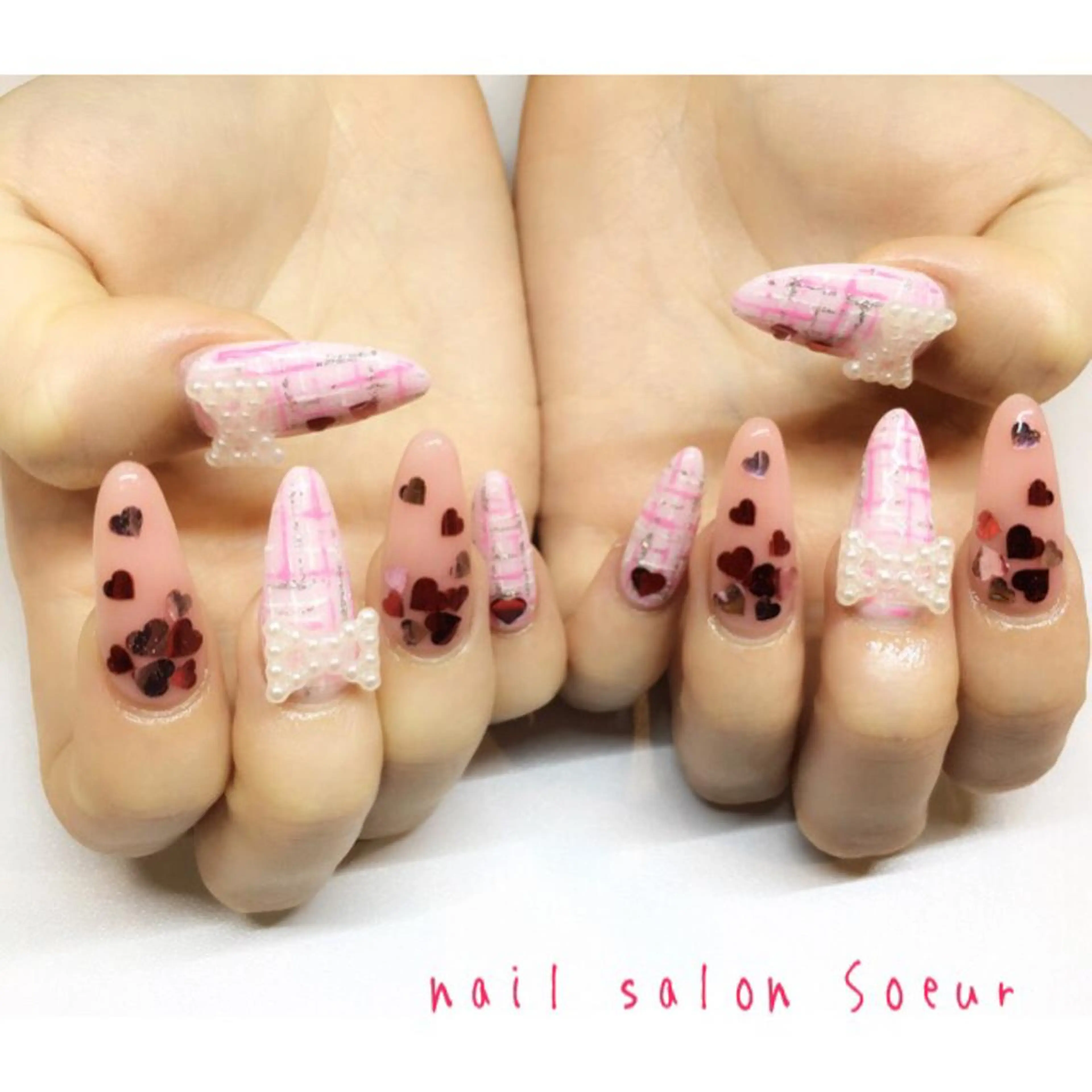 ネイル 持ち込み リボン スカルプネイル バレンタイン ハンドネイル nail salon Soeurのネイルデザイン