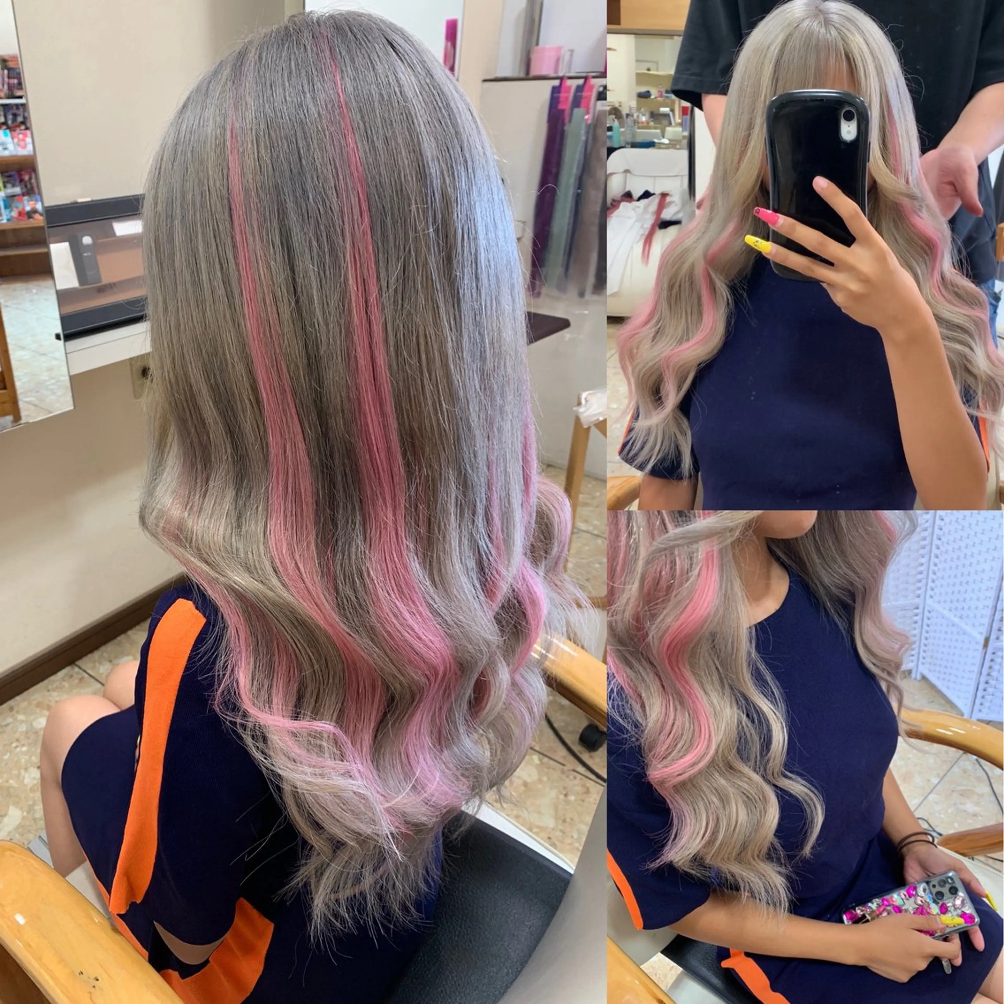 ロング カラー シールエクステ アッシュ ブリーチ ピンクカラー エクステ ヘアーサロンaxia所属・上田 英樹のヘアスタイル