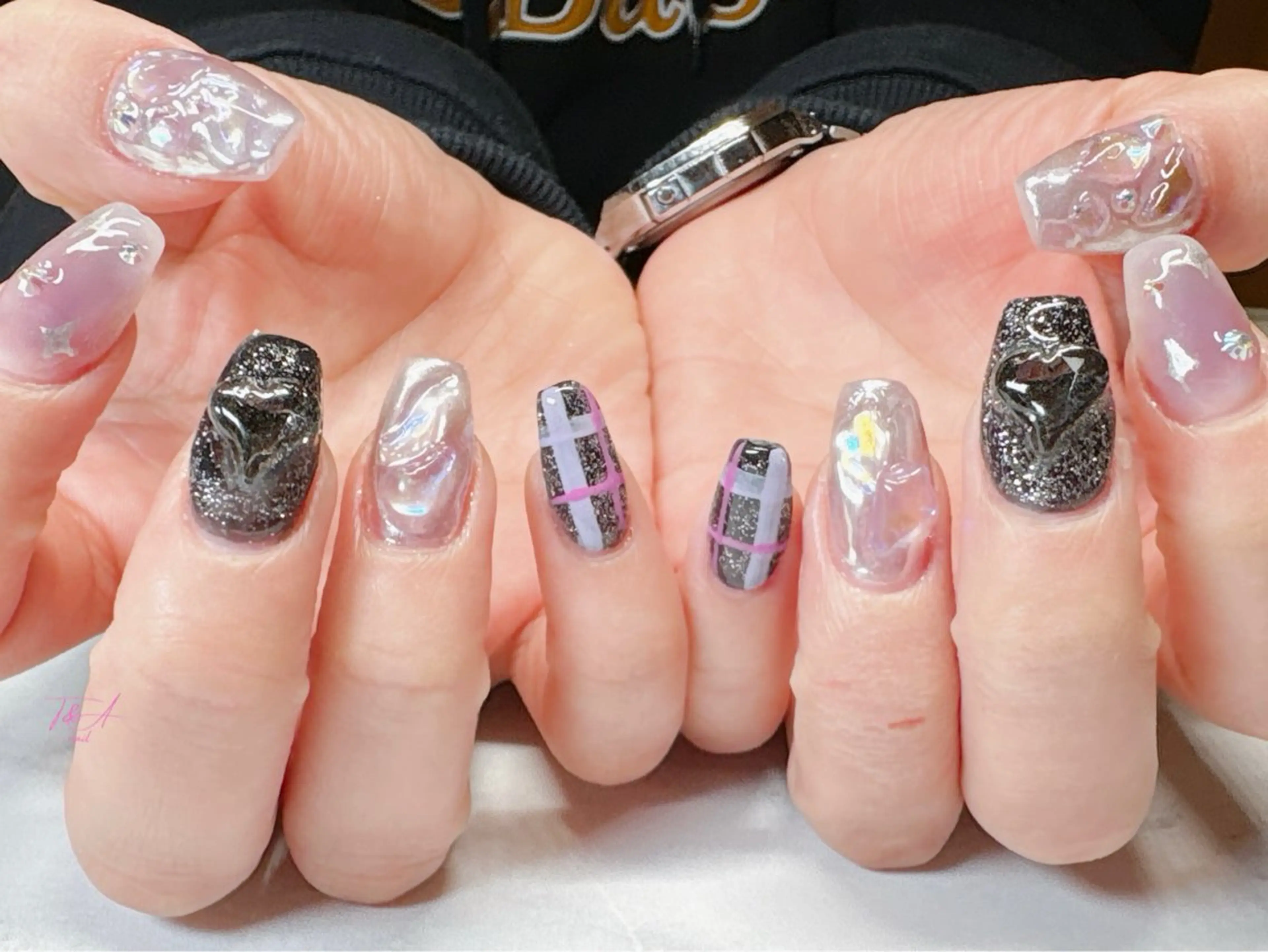 ネイル 長さ出し ジェルネイル ハート キラキラネイル スカルプネイル ハンドネイル T&A nailのネイルデザイン