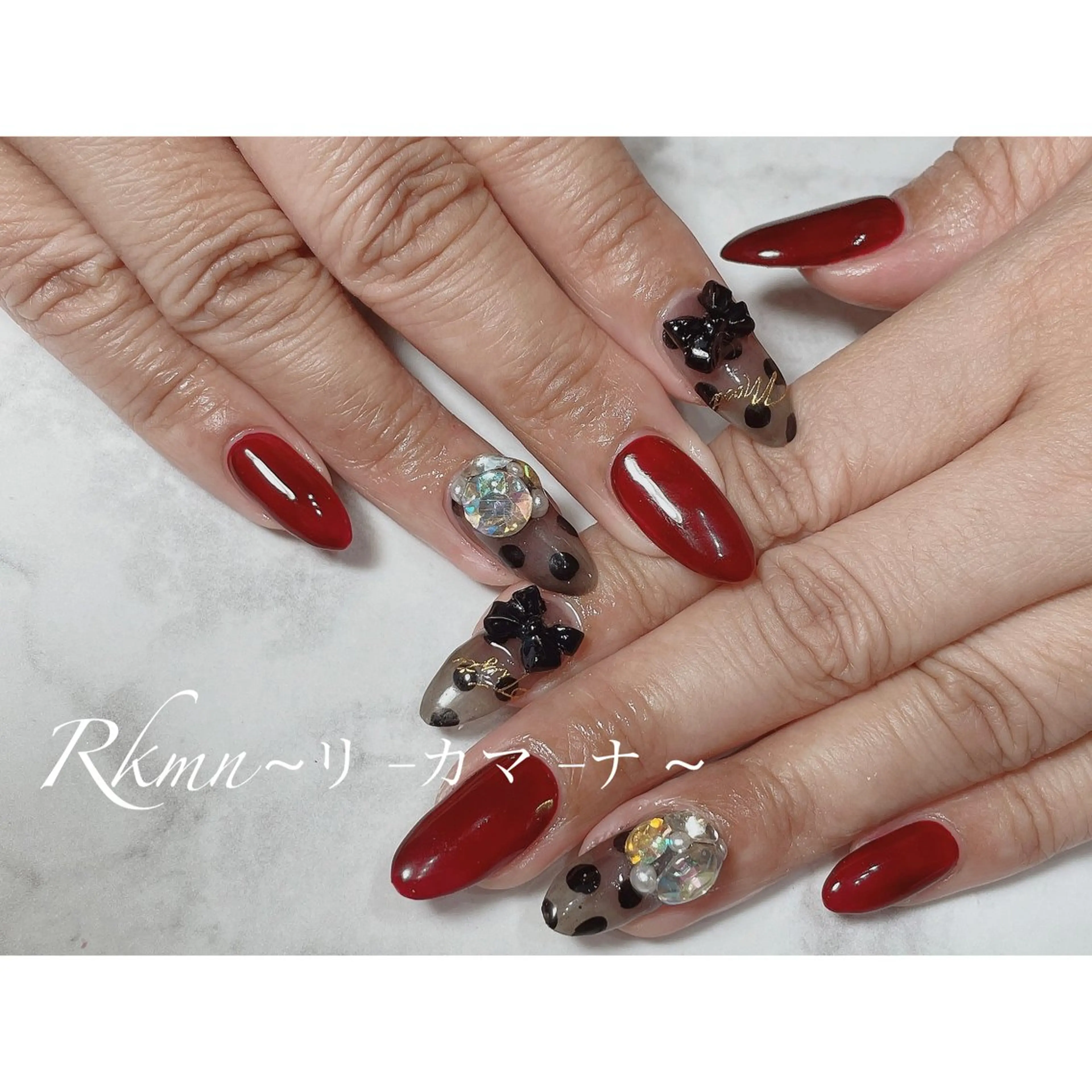 ネイル アートネイル ボルドー ドット リボン 春ネイル ハンドネイル フットネイル ハンドケア Rkmn ~リ-カマ-ナ~のネイルデザイン