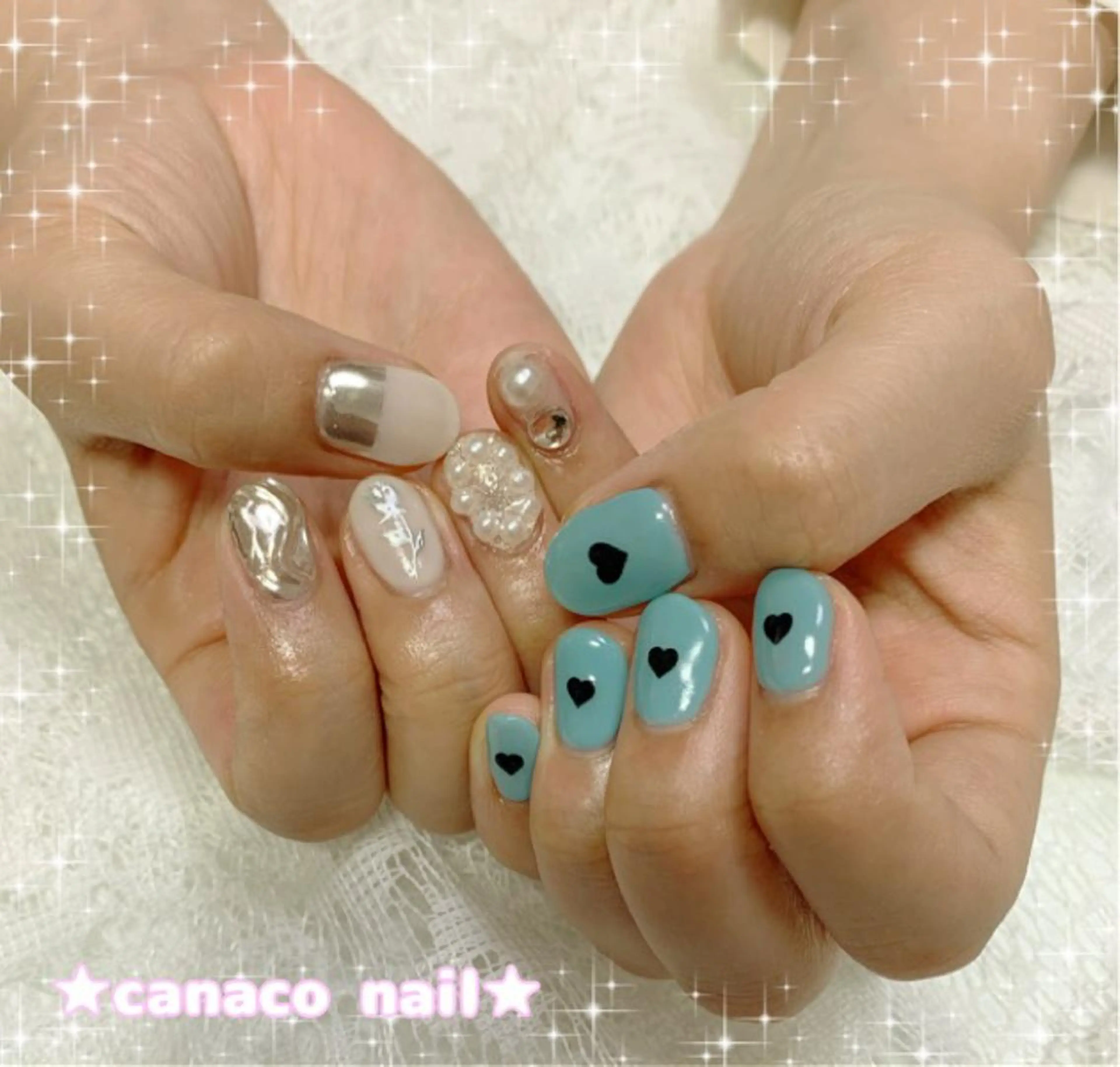 ネイル アートネイル ブルー ミラーネイル シルバー ハンドネイル ハンドケア Felice所属・ベテランネイル cnc  nailのネイルデザイン