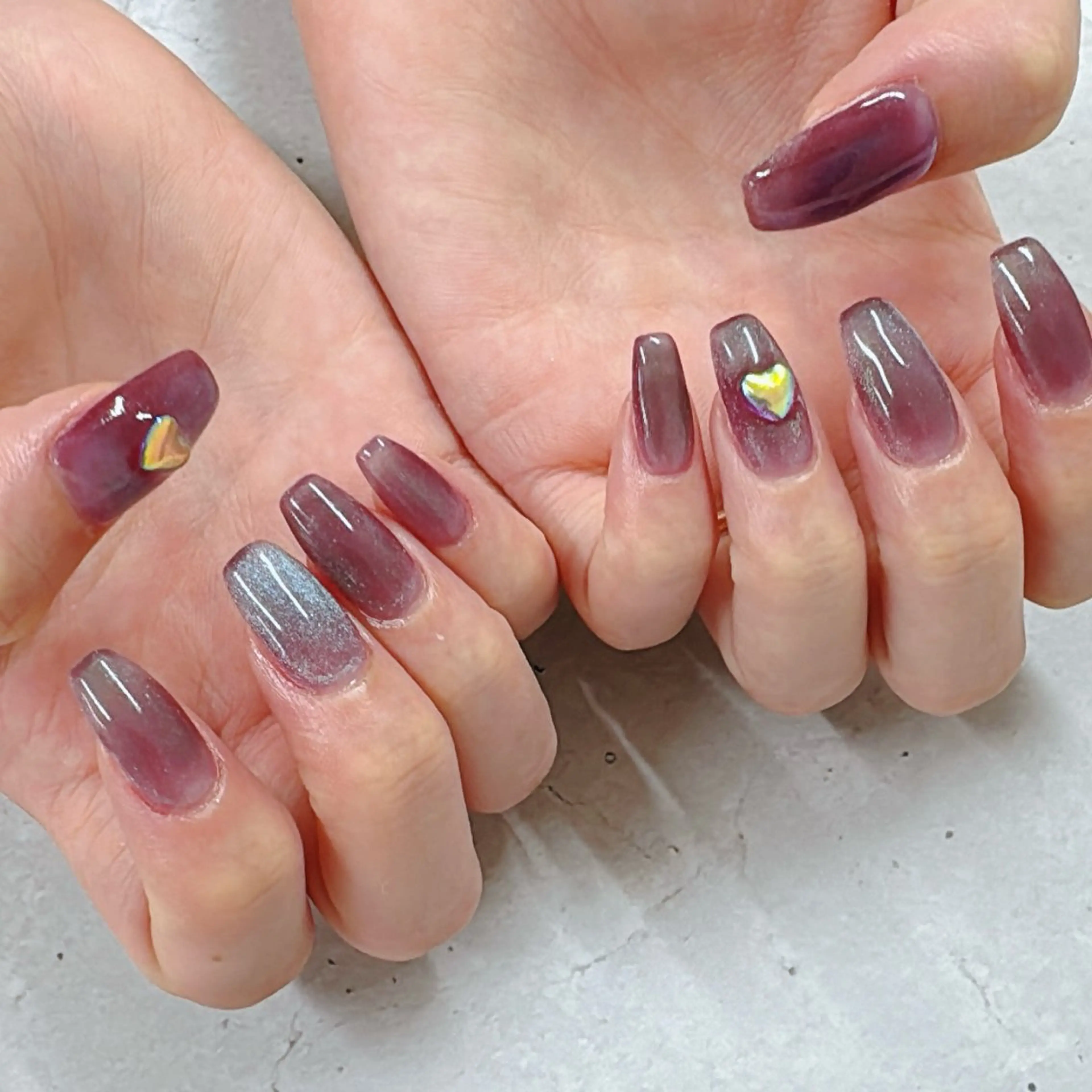 ネイル オーロラネイル 長さ出し ジェルネイル ハート ロングネイル ハンドネイル Monica nails/福島のネイルデザイン