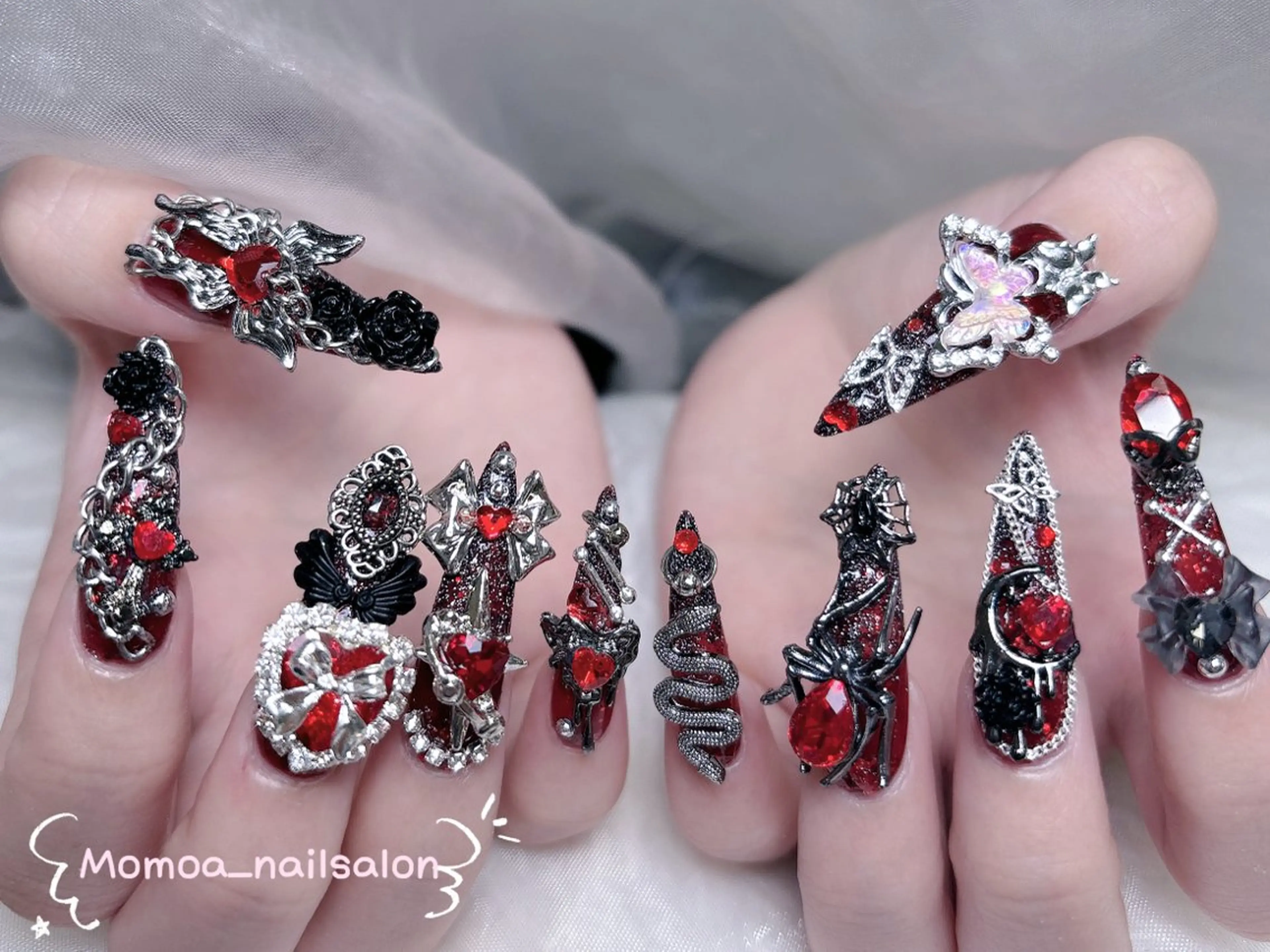 ネイル 成人式 ロングネイル マグネットネイル 大理石ネイル(マーブル) 持ち込み ハンドネイル MoMoA Nail ネイル長さ出し専門店のネイルデザイン