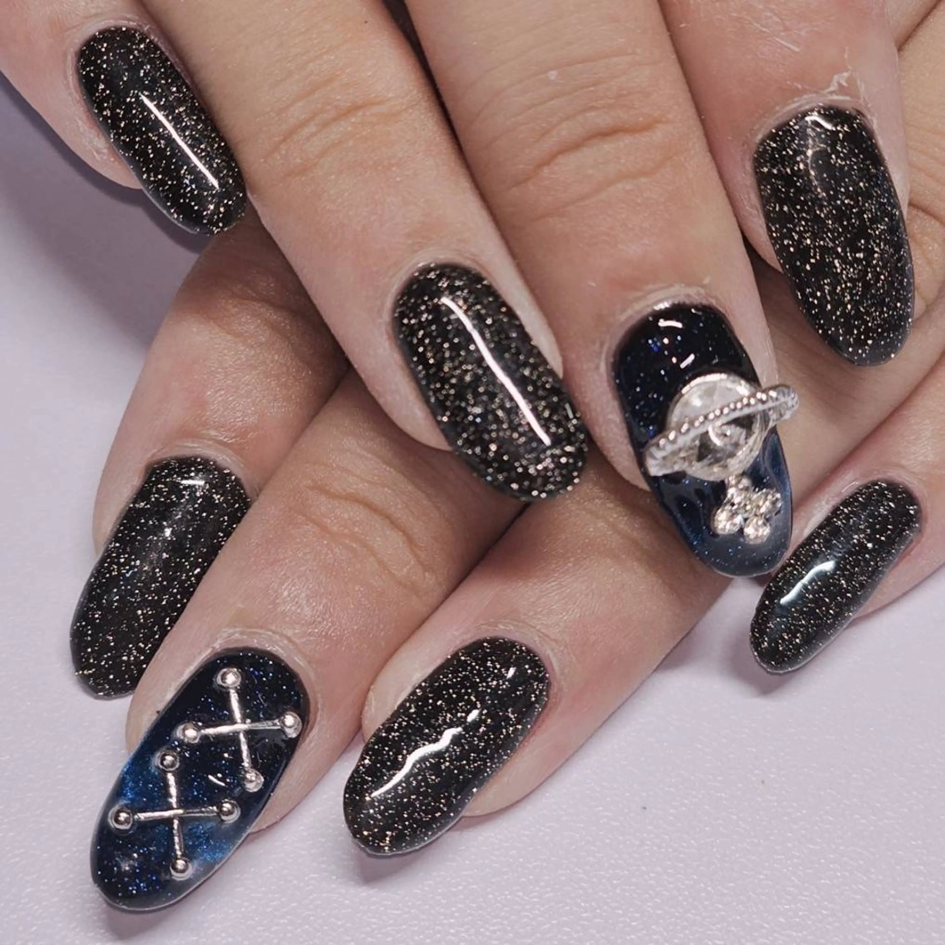 ネイル ブルー フレンチネイル ラメ(グリッター) マグネットネイル 持ち込み ハンドネイル よしだ ひろきのネイルデザイン