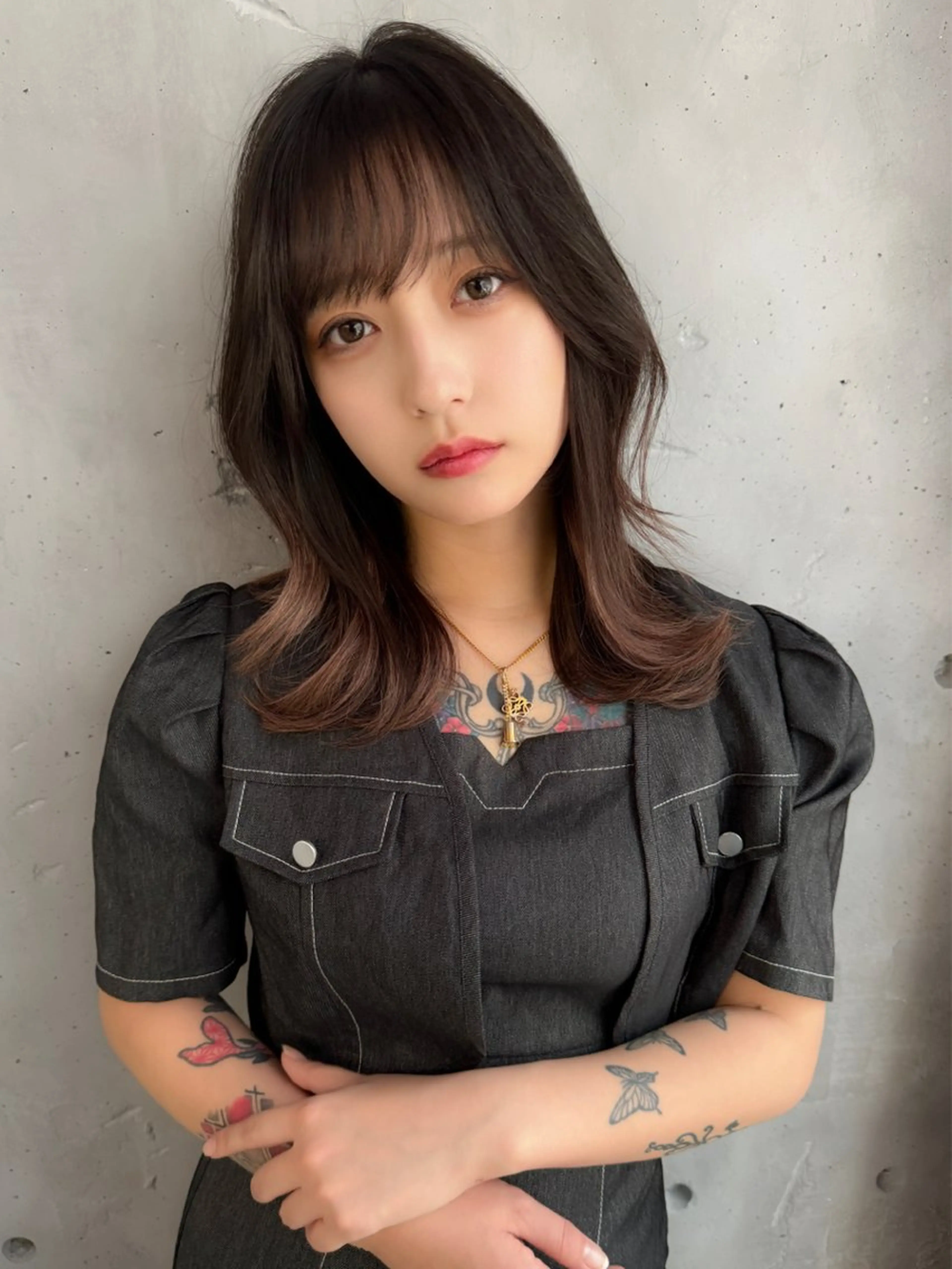 ミディアム ボブ 顔周りカット ハイライト 髪質改善 韓国風ヘア カット Grow by NYNY 打越裕樹のヘアスタイル