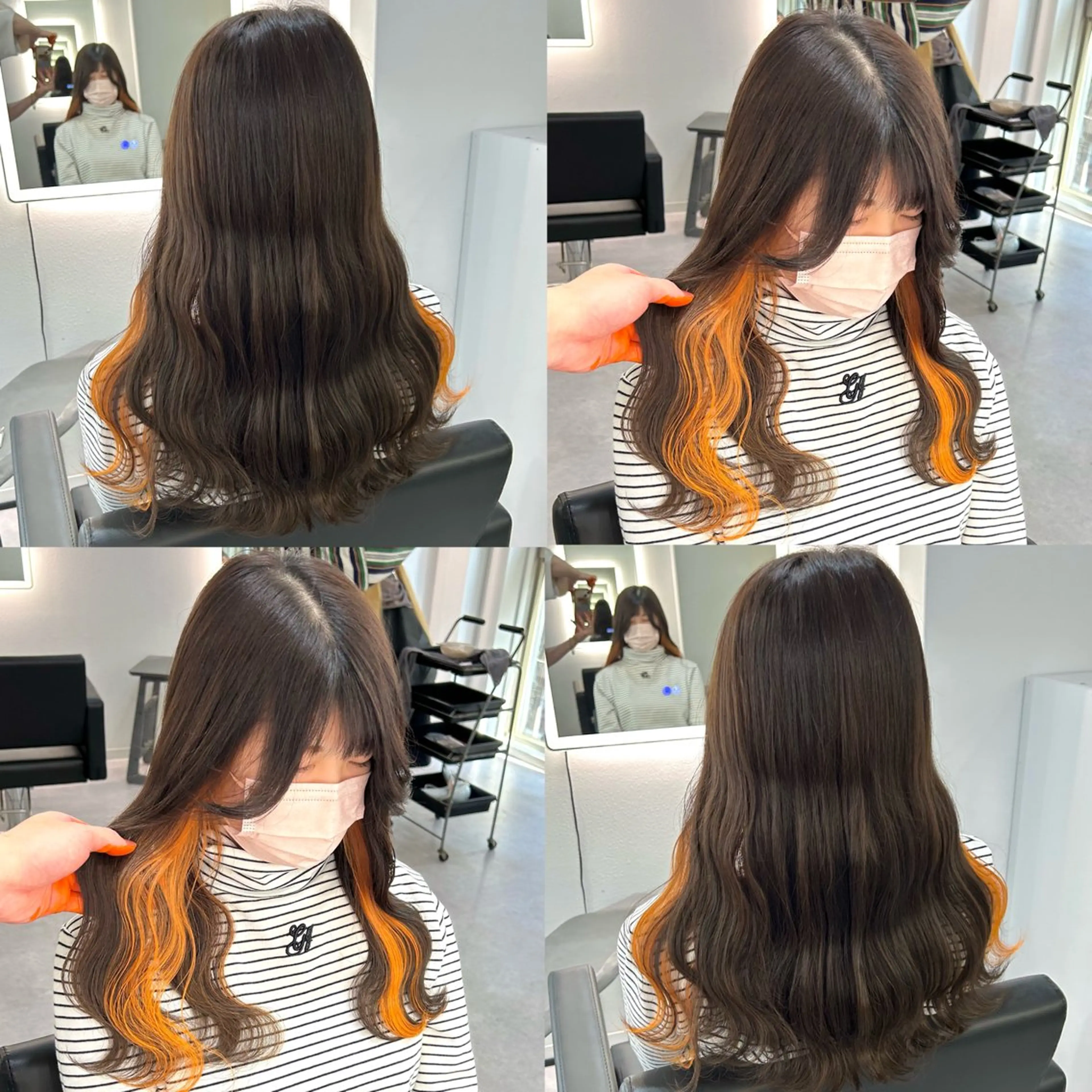 ミディアム カラー イヤリングカラー オレンジ ヘアカラー ミルクティーベージュ /ピンク/大阪/堀江のヘアスタイル