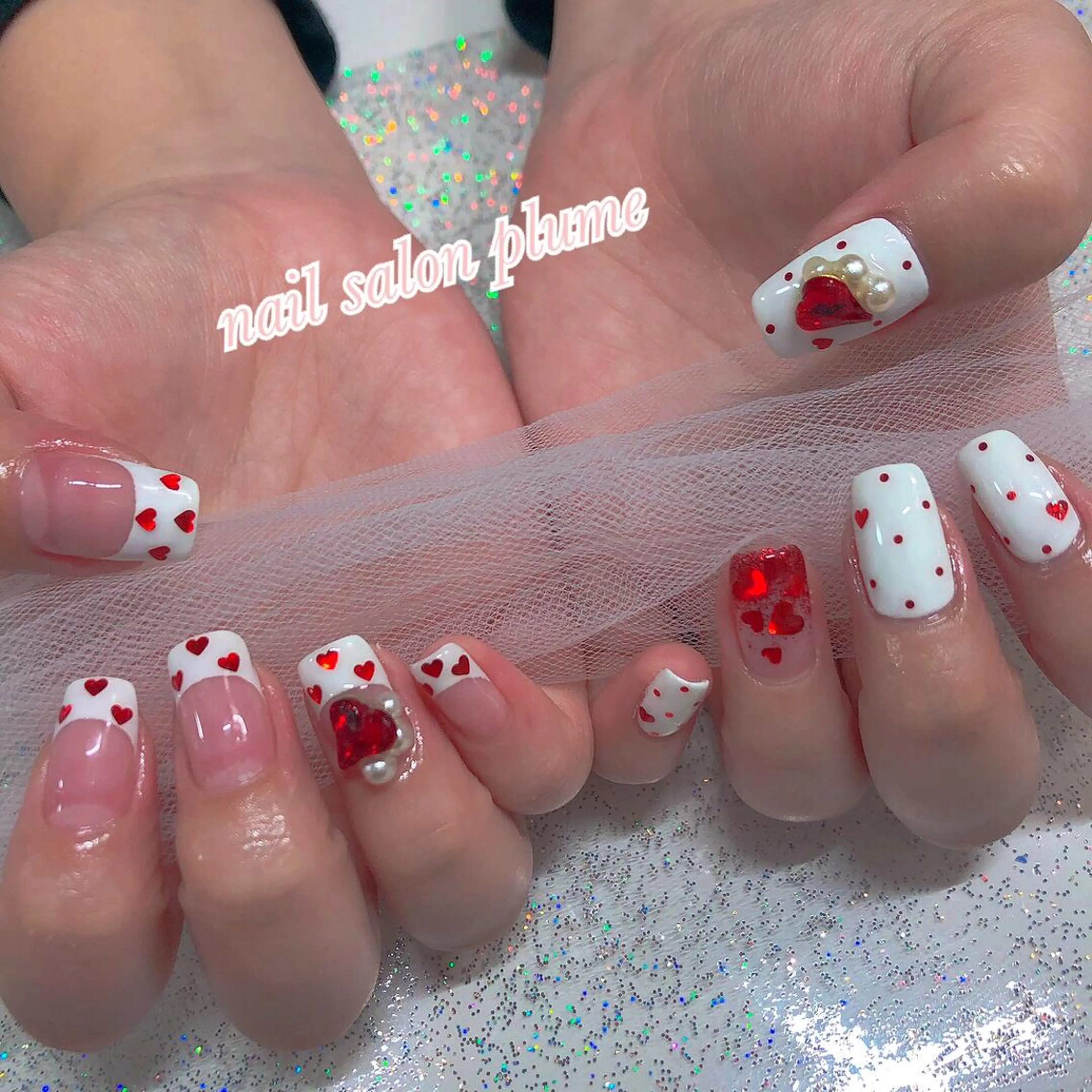 ネイル アートネイル フレンチネイル ガーリー ハート キラキラネイル ハンドネイル plume nail ☆韓国ネイルのネイルデザイン