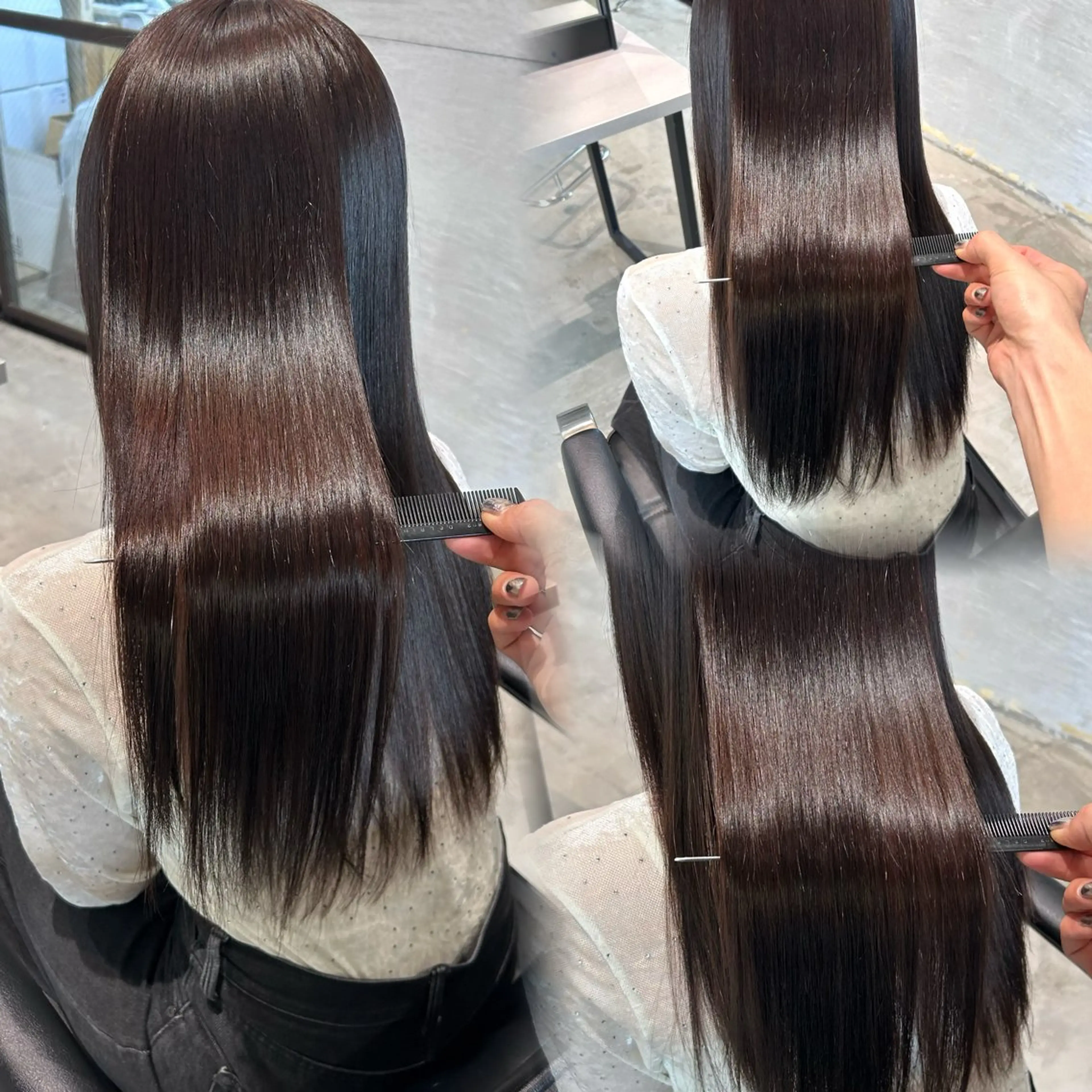 ロング カット ヘアカラー 縮毛矯正 盛れる前髪／レイヤー カット／艶髪髪質改善のヘアスタイル