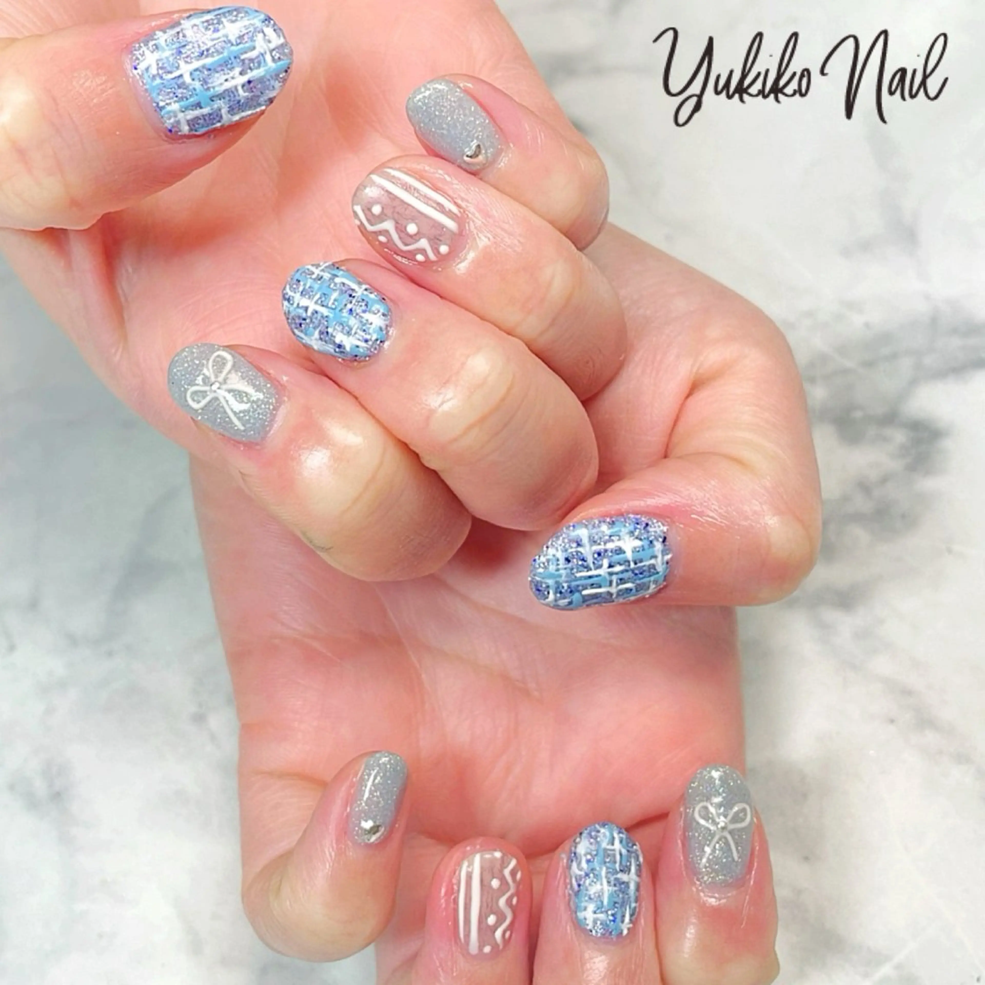 ネイル リボン ツイードネイル 冬ネイル ハンドネイル ユキコ ネイルのネイルデザイン