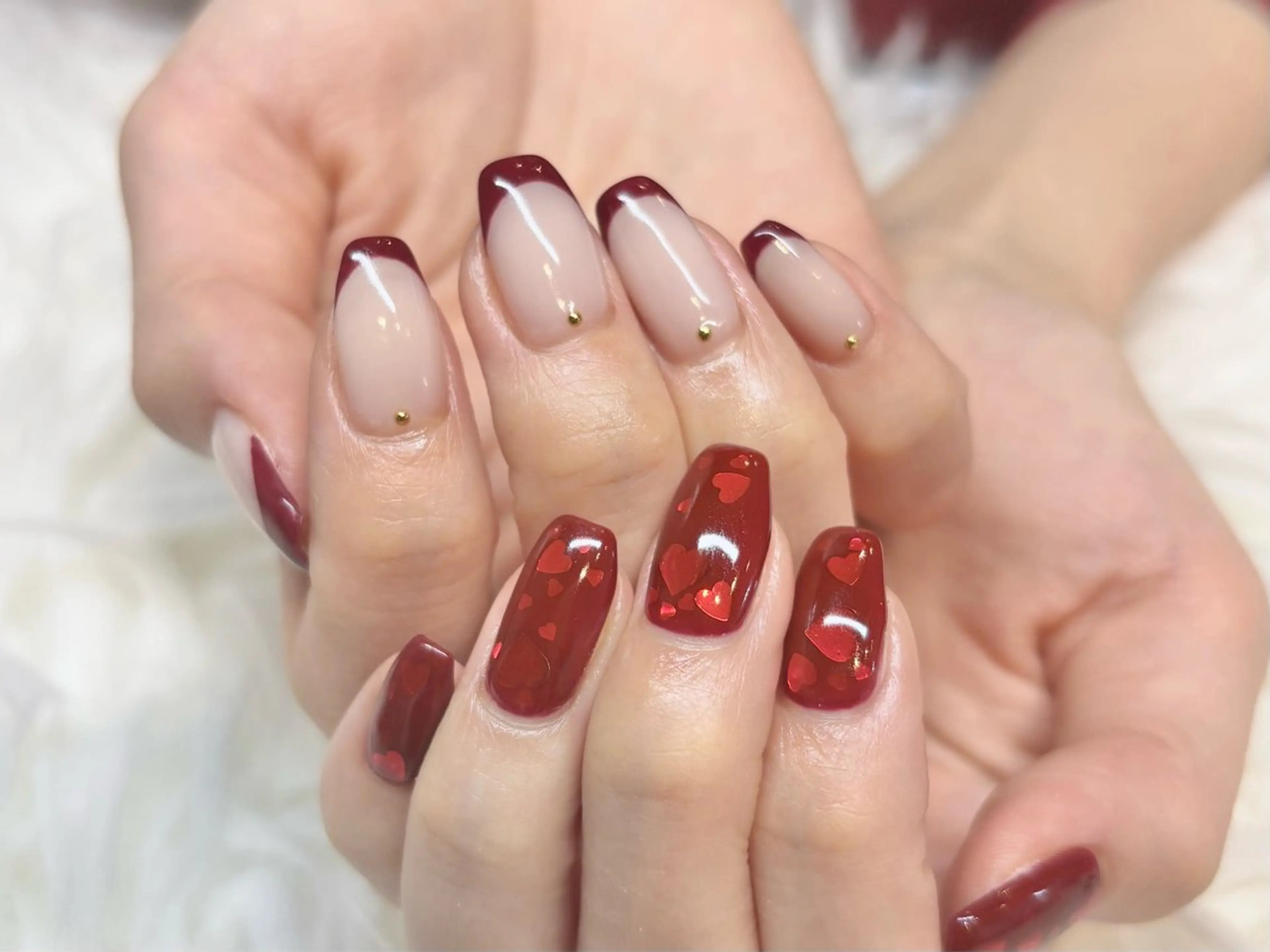 ネイル ボルドー フレンチネイル ハート ハンドネイル Bianca大名店 WATANABEのネイルデザイン