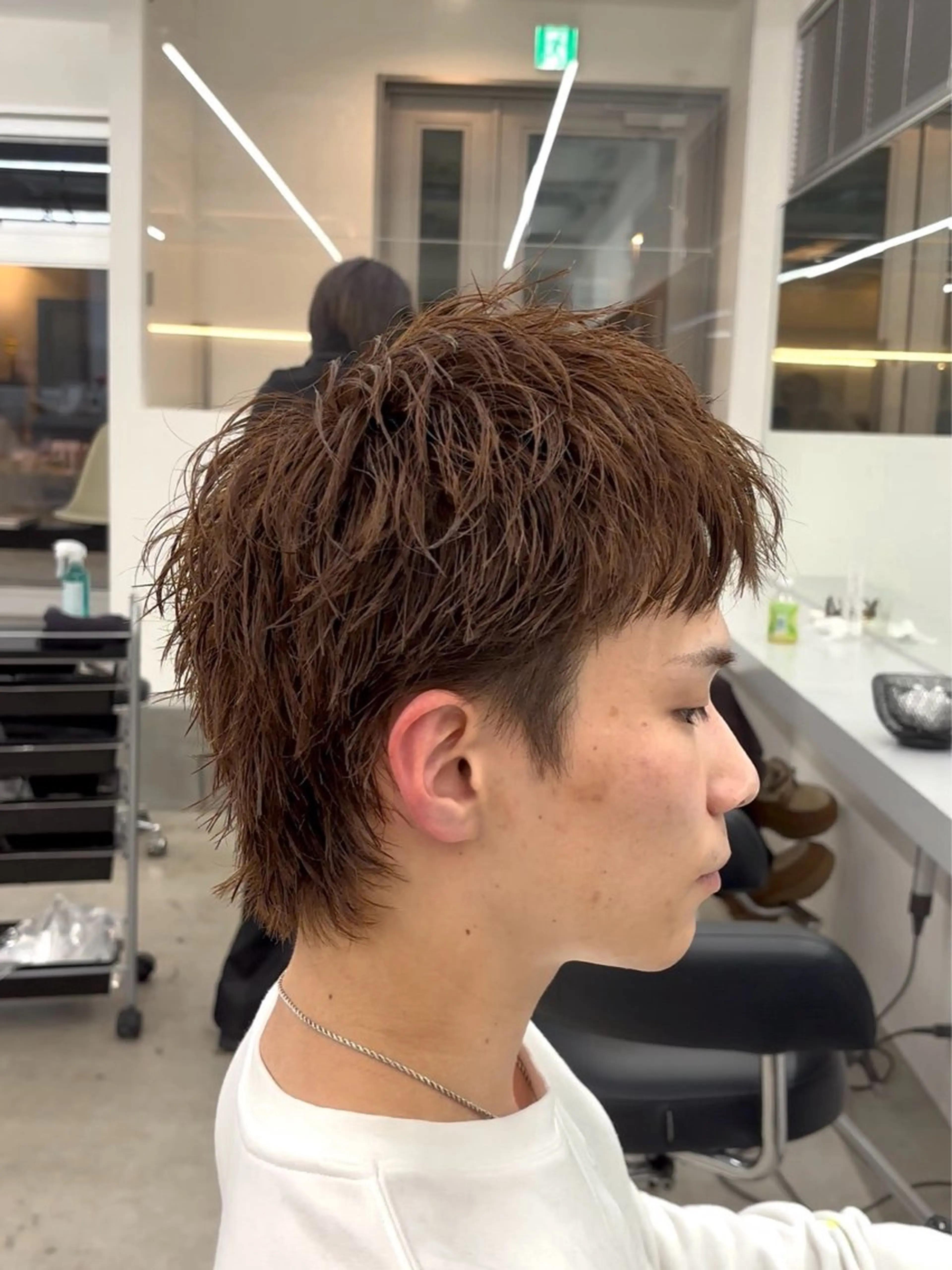 ショート カラー メンズ メンズパーマ メンズウルフカット ブラウンカラー オン眉 ウルフカット カット ヘアカラー なりたひろと / メンズパーマのヘアスタイル