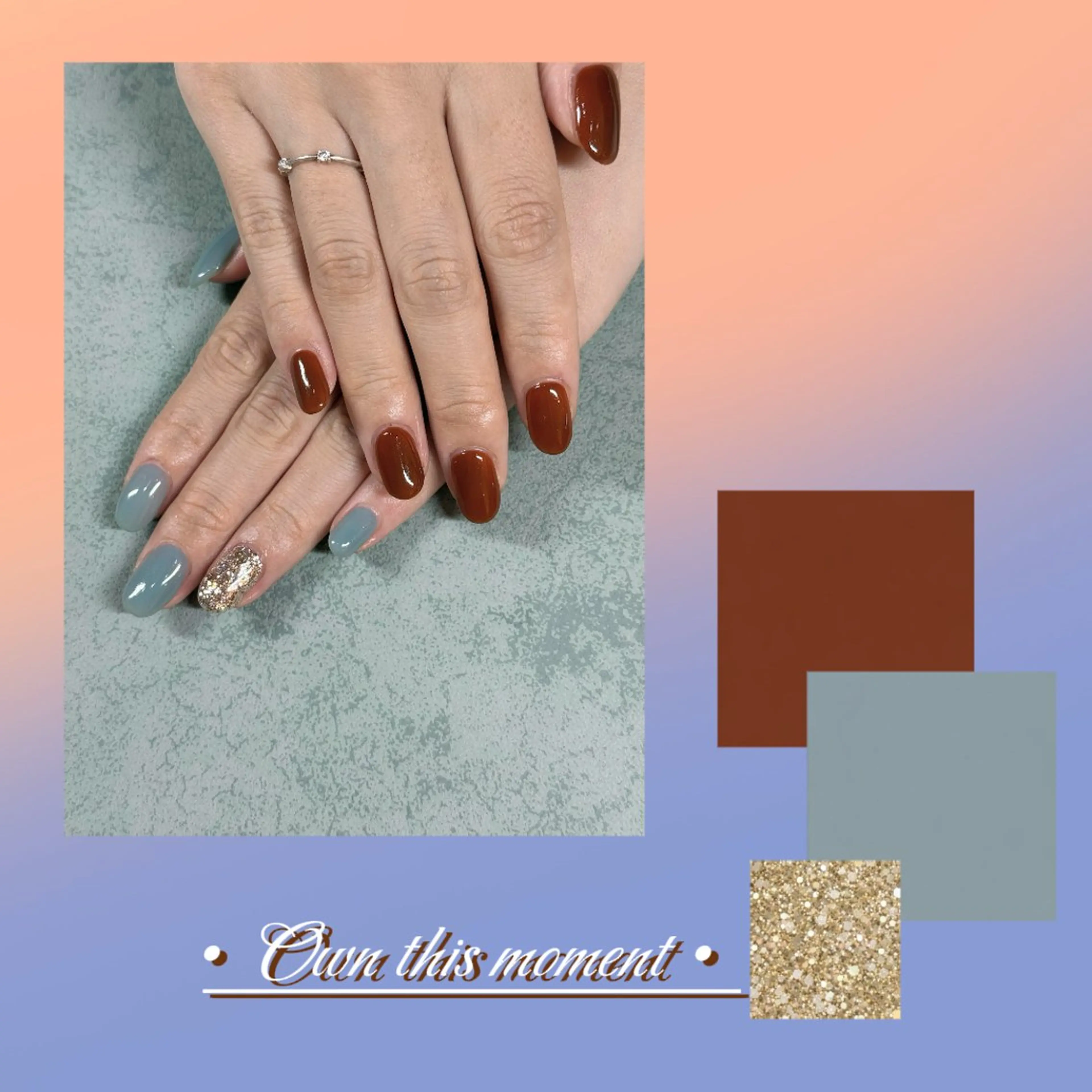 ネイル ブルー ブラウン ラメ(グリッター) ハンドネイル ネイルサロン　will　恵比寿　【ウィル】所属・桓 宇のネイルデザイン