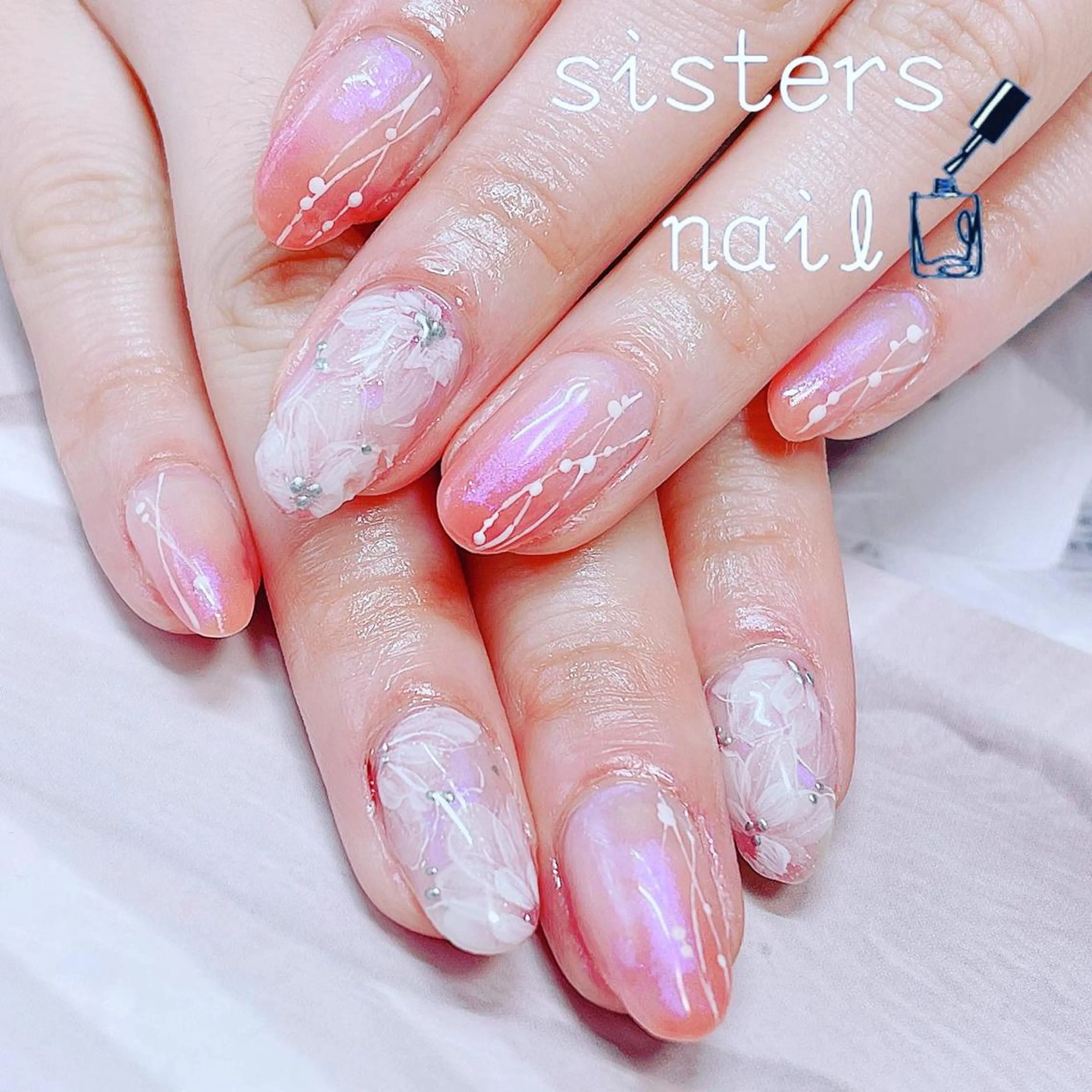 ネイル アートネイル オーロラネイル 桜ネイル フラワーネイル ピンク ハンドネイル ハンドケア sisters nail.fのネイルデザイン