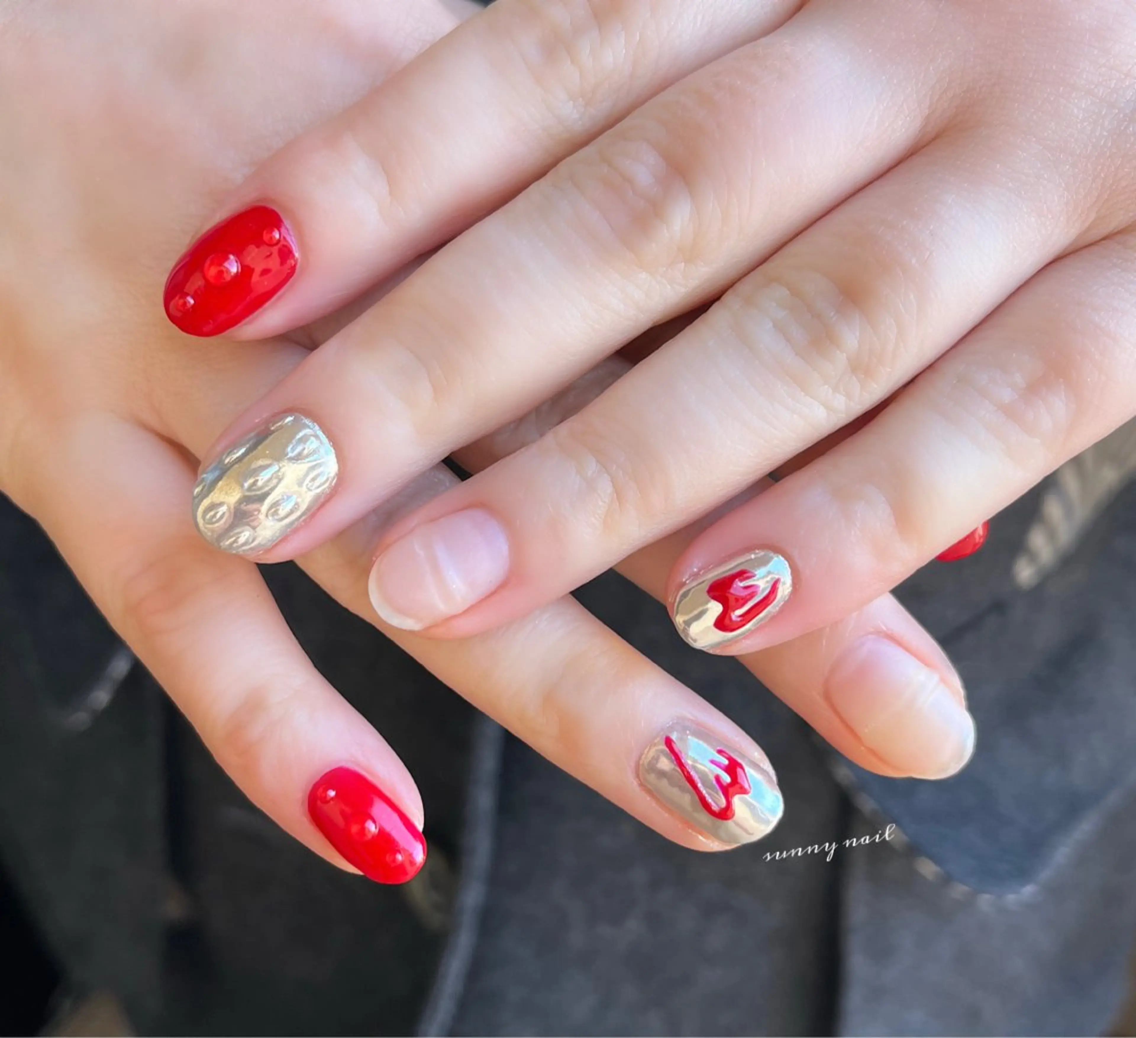 ネイル ジェルネイル マットネイル ミラーネイル パラジェル 赤色 sunny nailのネイルデザイン