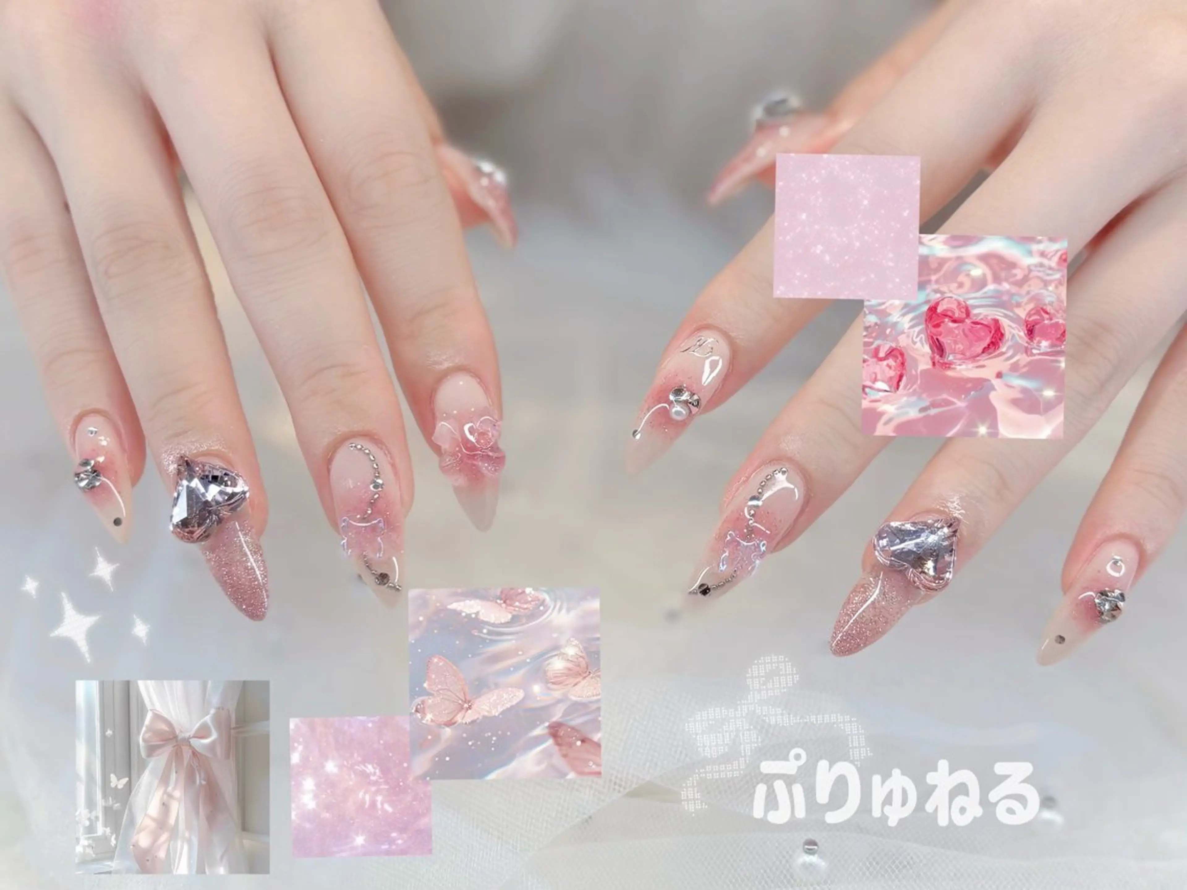 ネイル ハート キラキラネイル ピンク ワンホンネイル ハンドネイル ぷりゅねる 心斎橋のネイルデザイン