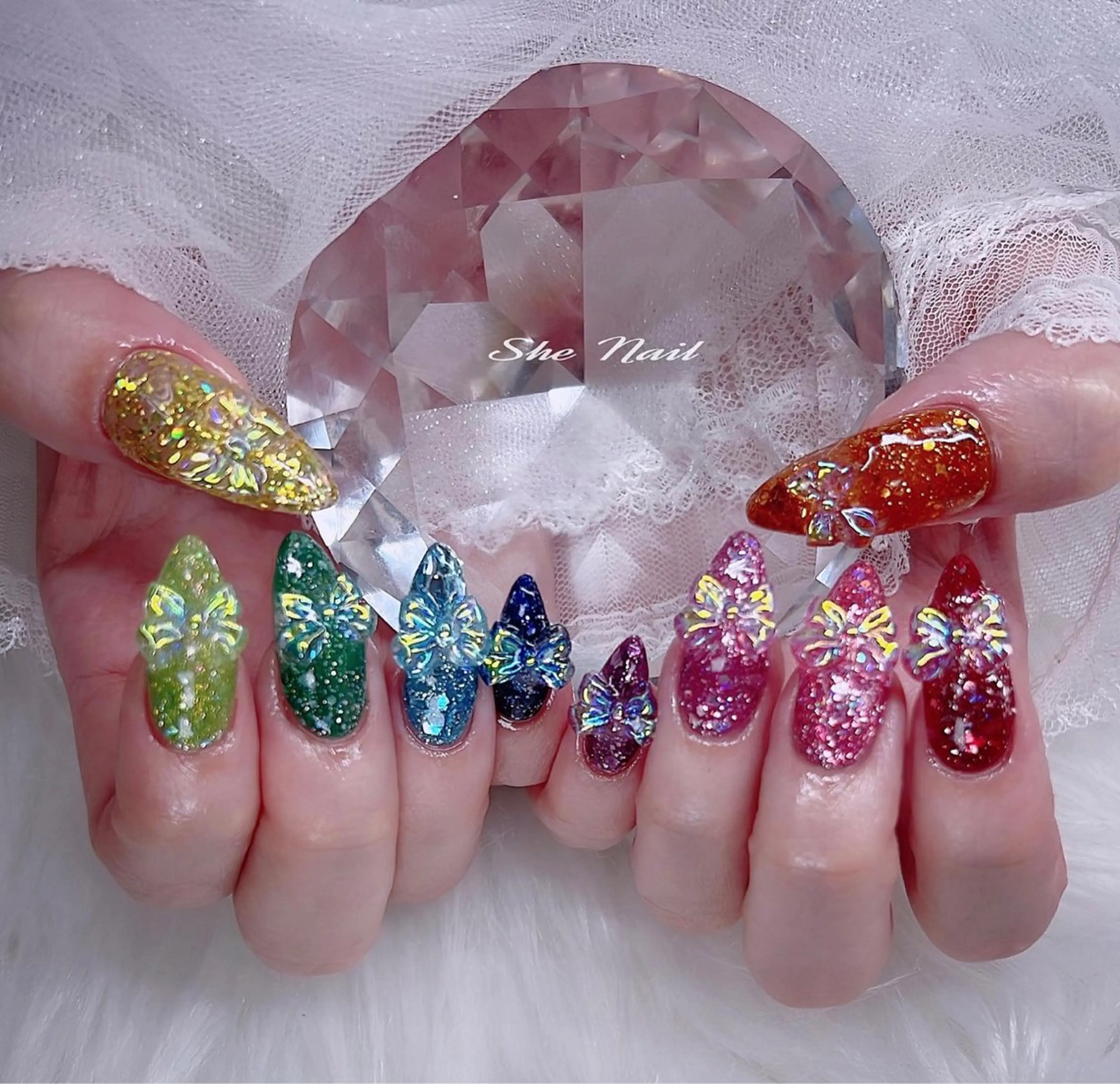 ネイル チークネイル 長さ出し フレンチネイル ガラスフレンチ キラキラネイル She   Nail所属・ISA_ BELLAのネイルデザイン