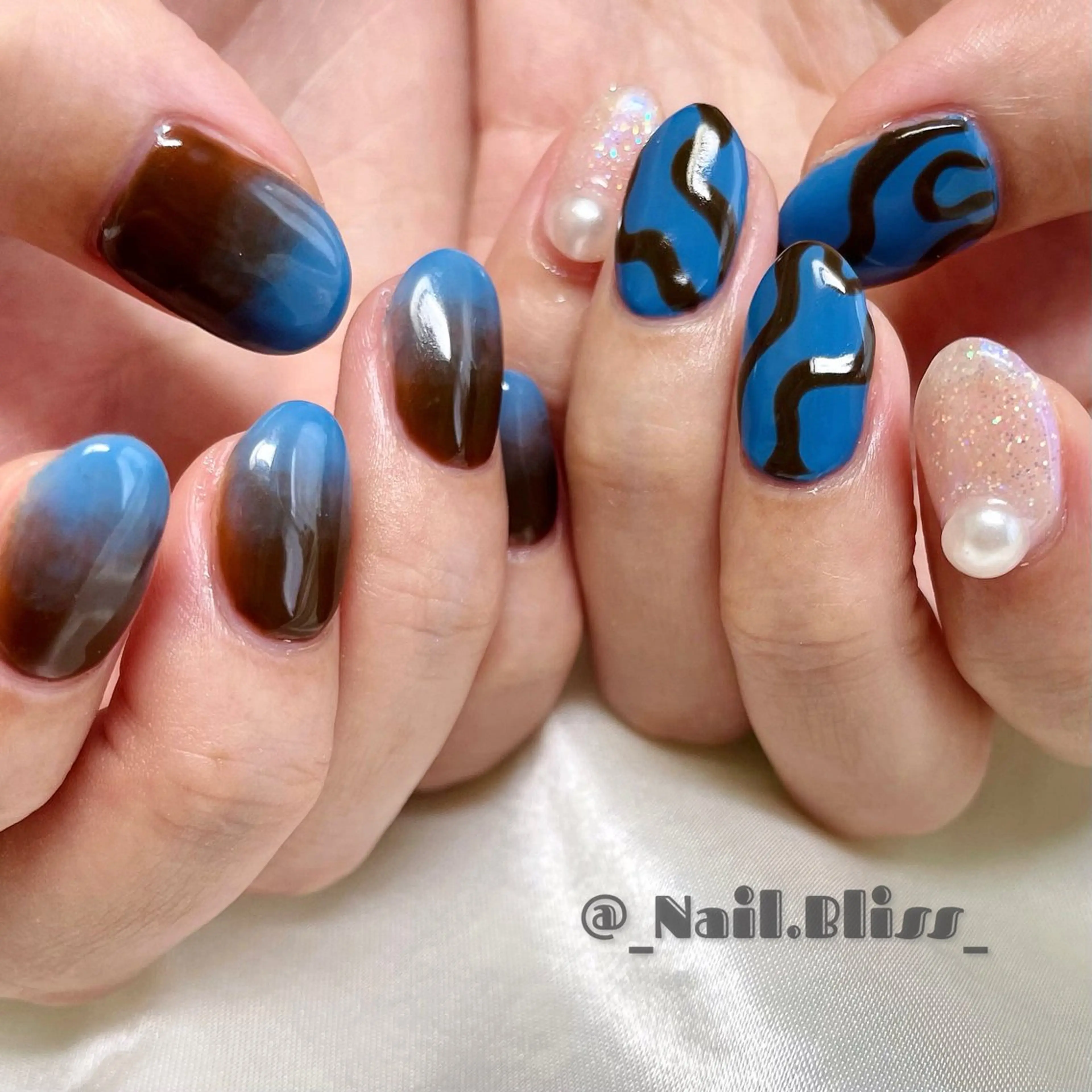 ネイル ブルー ブラウン ハンドネイル NAIL BLISSのネイルデザイン