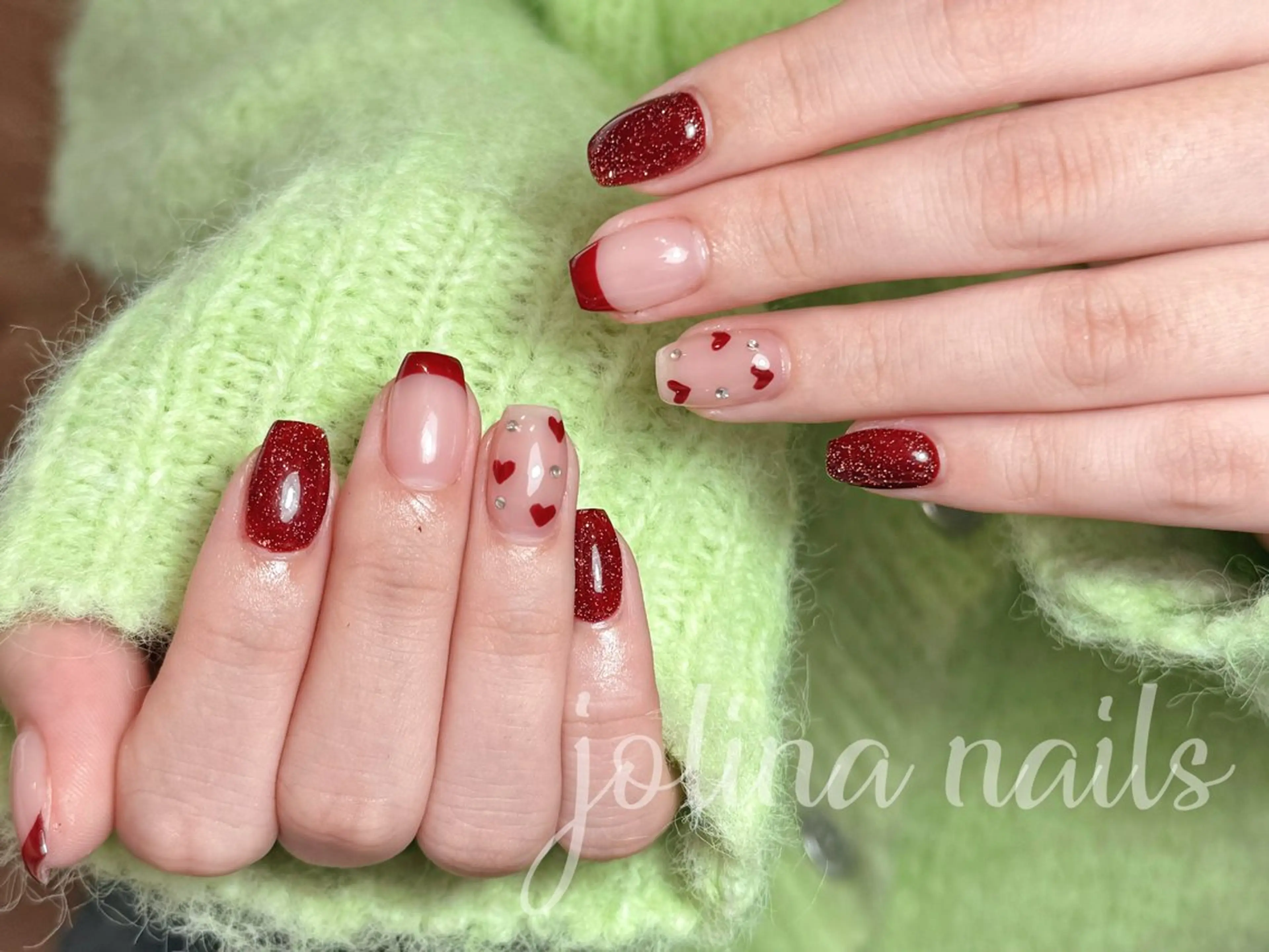 ネイル アートネイル ボルドー フレンチネイル ジェルネイル バレンタイン jolina nails鶴見店のネイルデザイン