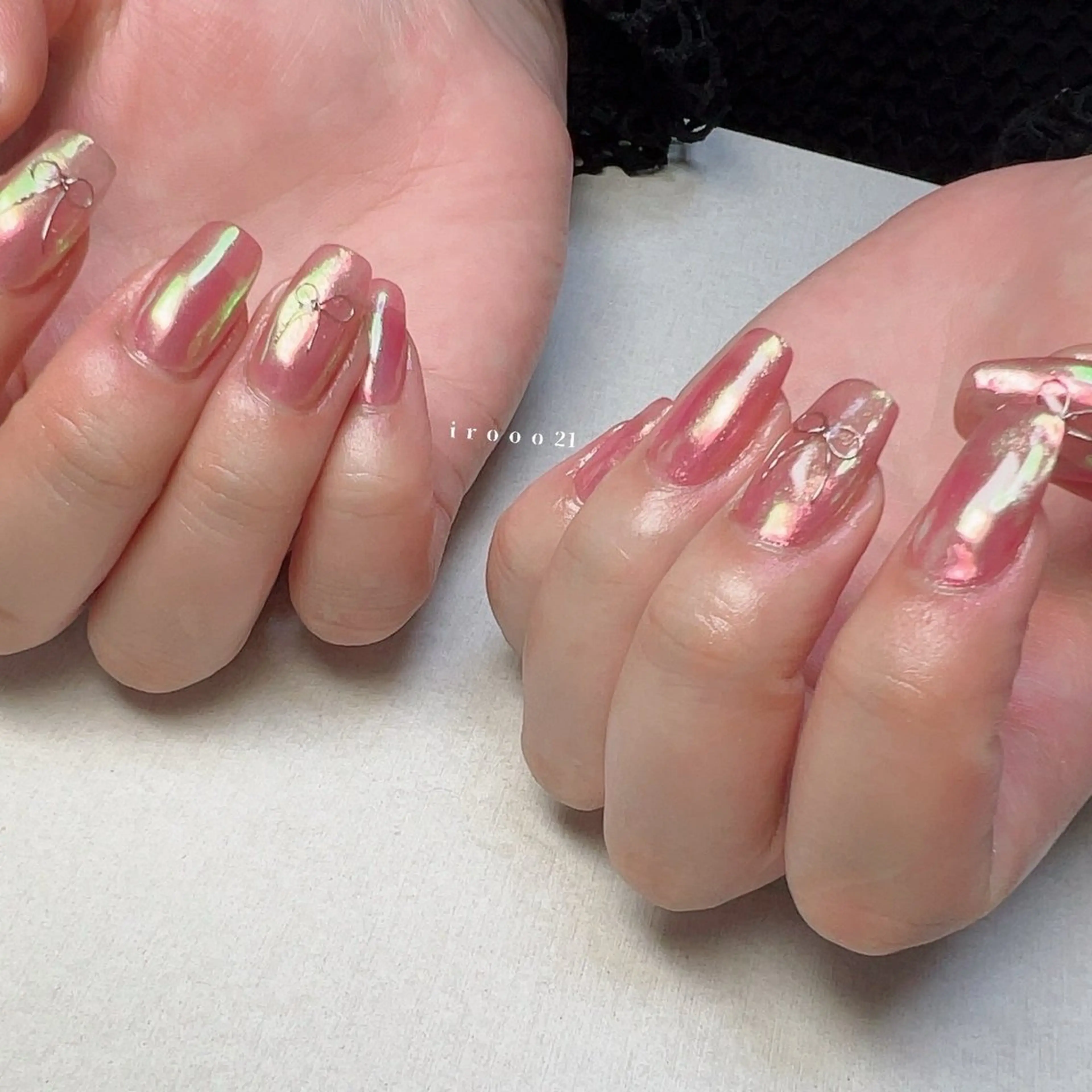 ネイル ジェルネイル ガーリー 氷ネイル・うるうるネイル ピンク リボン irooo 21のネイルデザイン