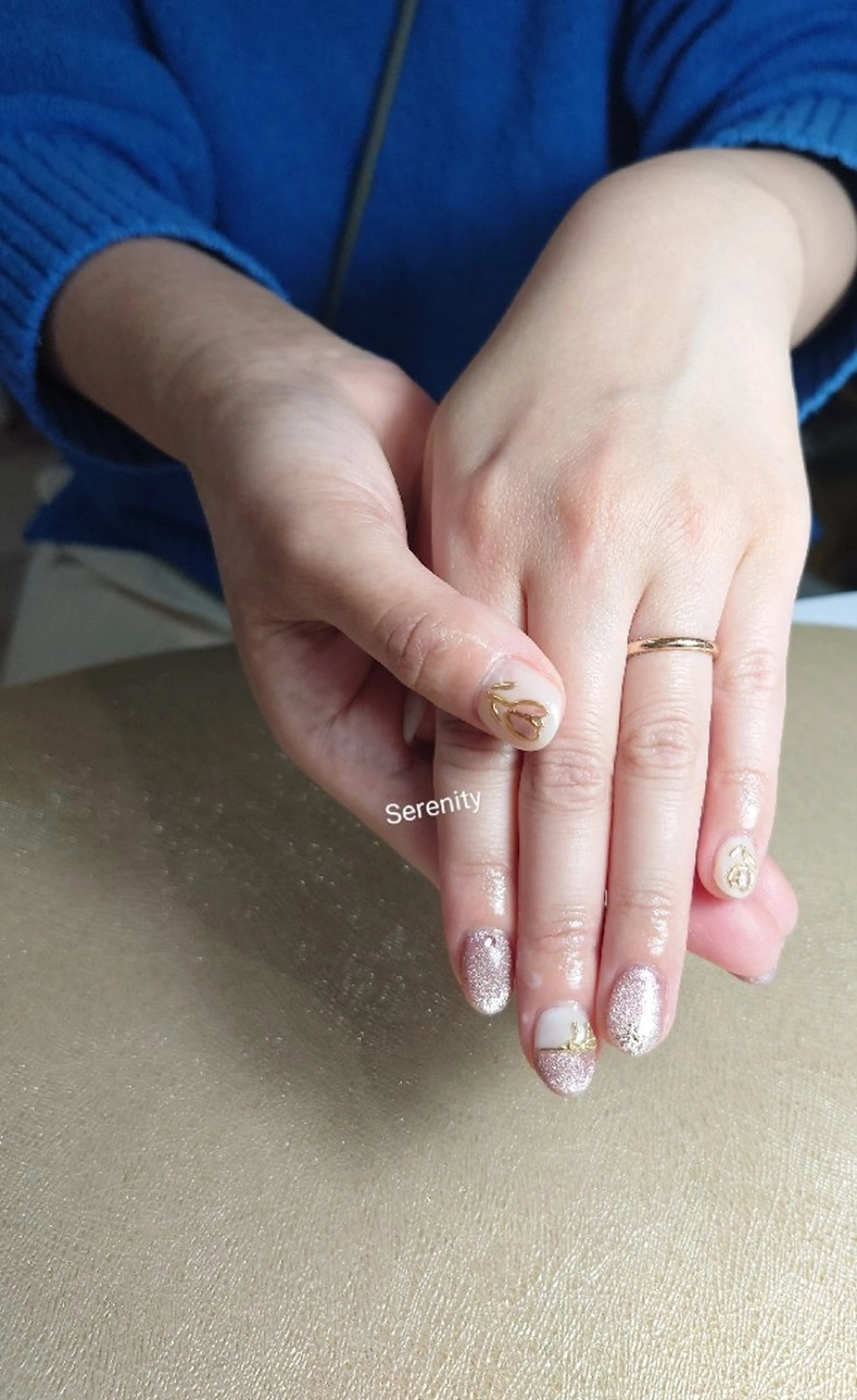 ネイル ブルー マグネットネイル ピンク リボン nail  serenityのネイルデザイン