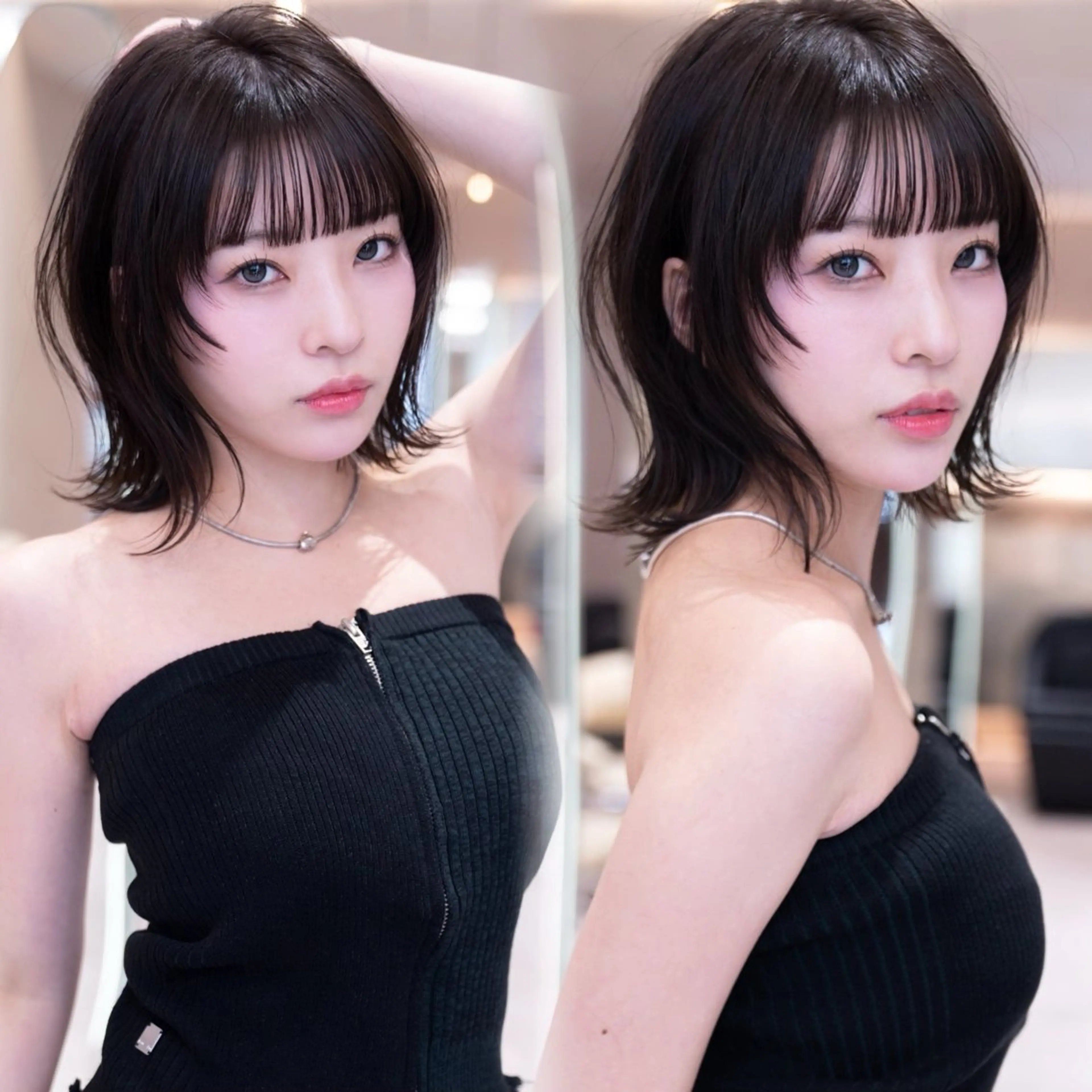 ミディアム カラー 切りっぱなしボブ イヤリングカラー ボブ 伸ばしかけ 髪質改善 カット ヘアカラー トリートメント 渋谷/ボブ・ 透明感カラーしょうごのヘアスタイル