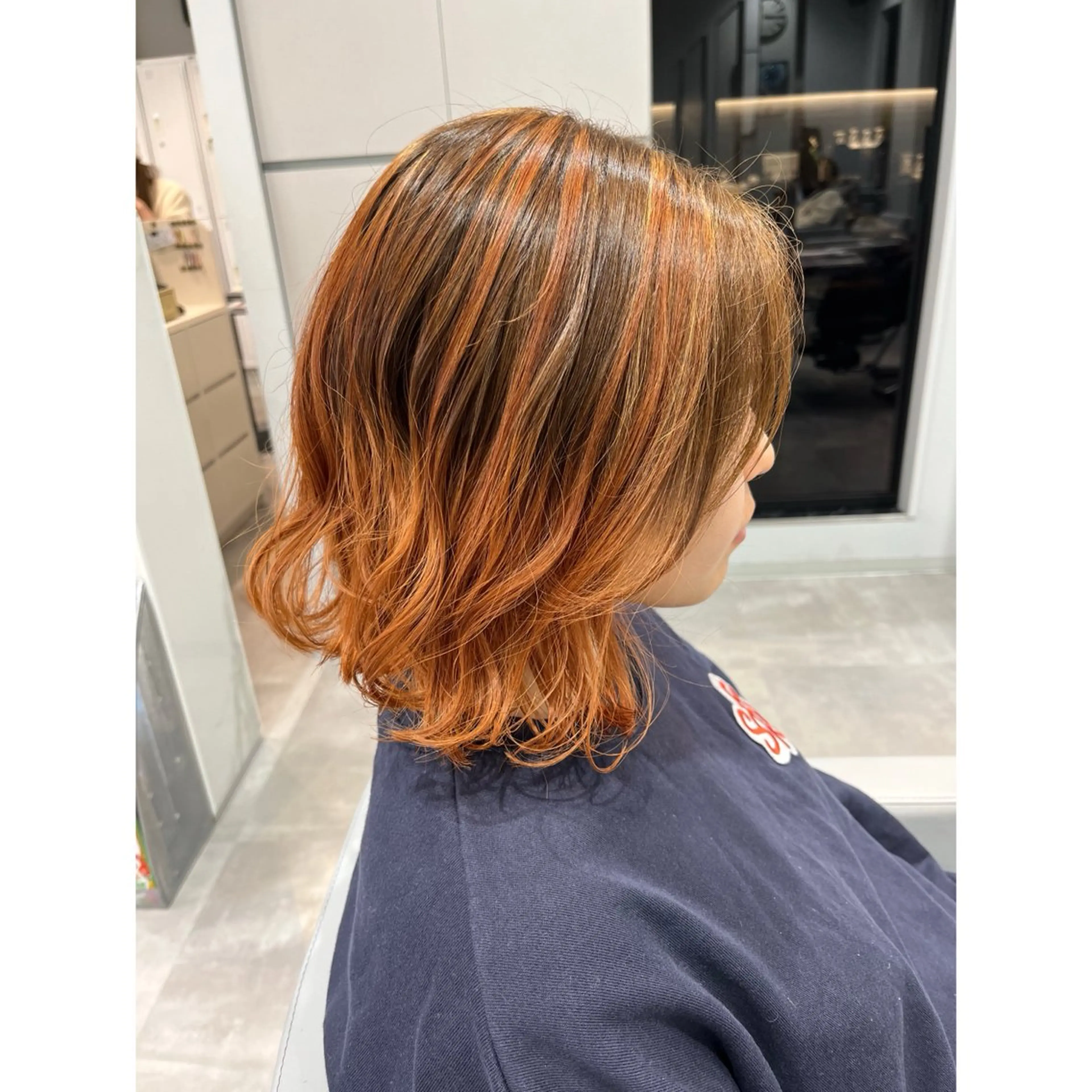 ミディアム カラー バレイヤージュ ブラウンカラー オレンジ レイヤーカット Hair＆Make Allure所属・🦄💓ショートボブ 🦄💓杉浦りなのヘアスタイル
