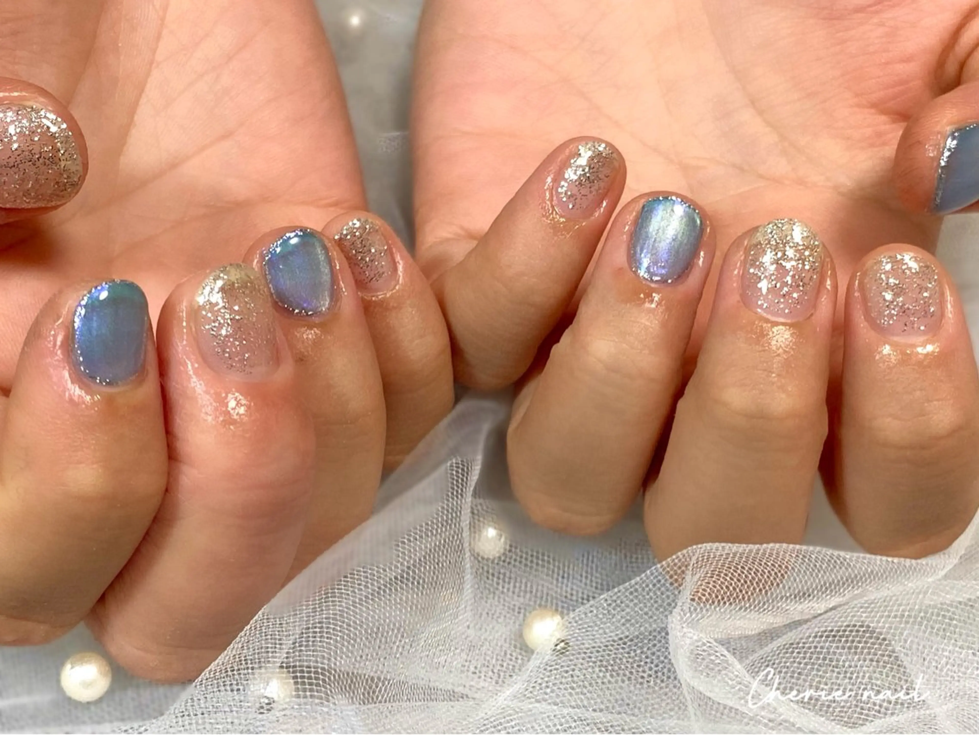 ネイル ブルー ジェルネイル ラメ(グリッター) マグネットネイル オフィスネイル ハンドネイル Cherienail yunaのネイルデザイン