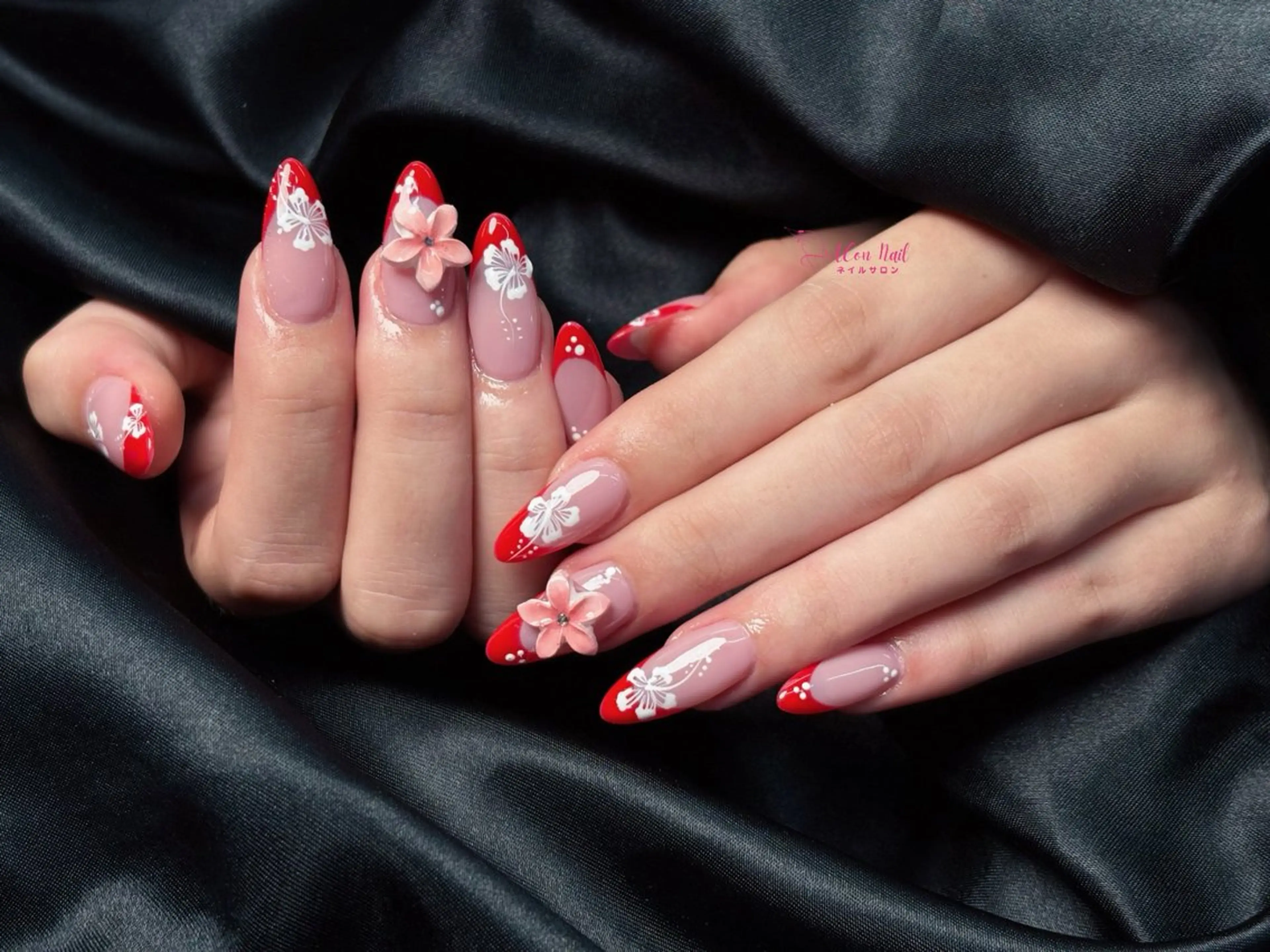 ネイル 桜ネイル 長さ出し フラワーネイル フレンチネイル ジェルネイル ハンドネイル AConNailSalon所属・ACon NailSalonのネイルデザイン