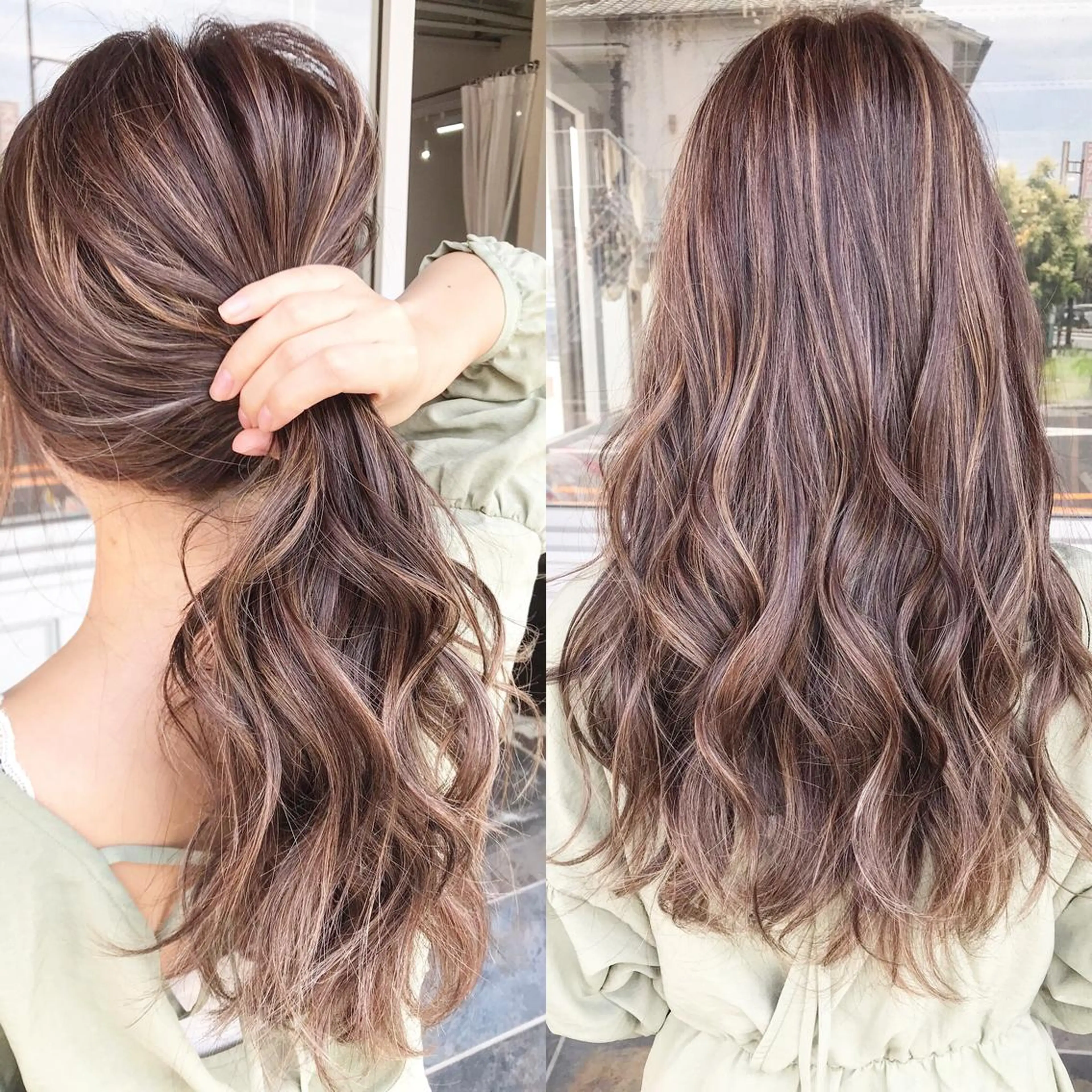 ロング カラー パーマ ヘアアレンジ お団子ヘア 切りっぱなしボブ バレイヤージュ デザインカラー グラデーションカラー Mariana/ 鶴原-ハイライトのヘアスタイル