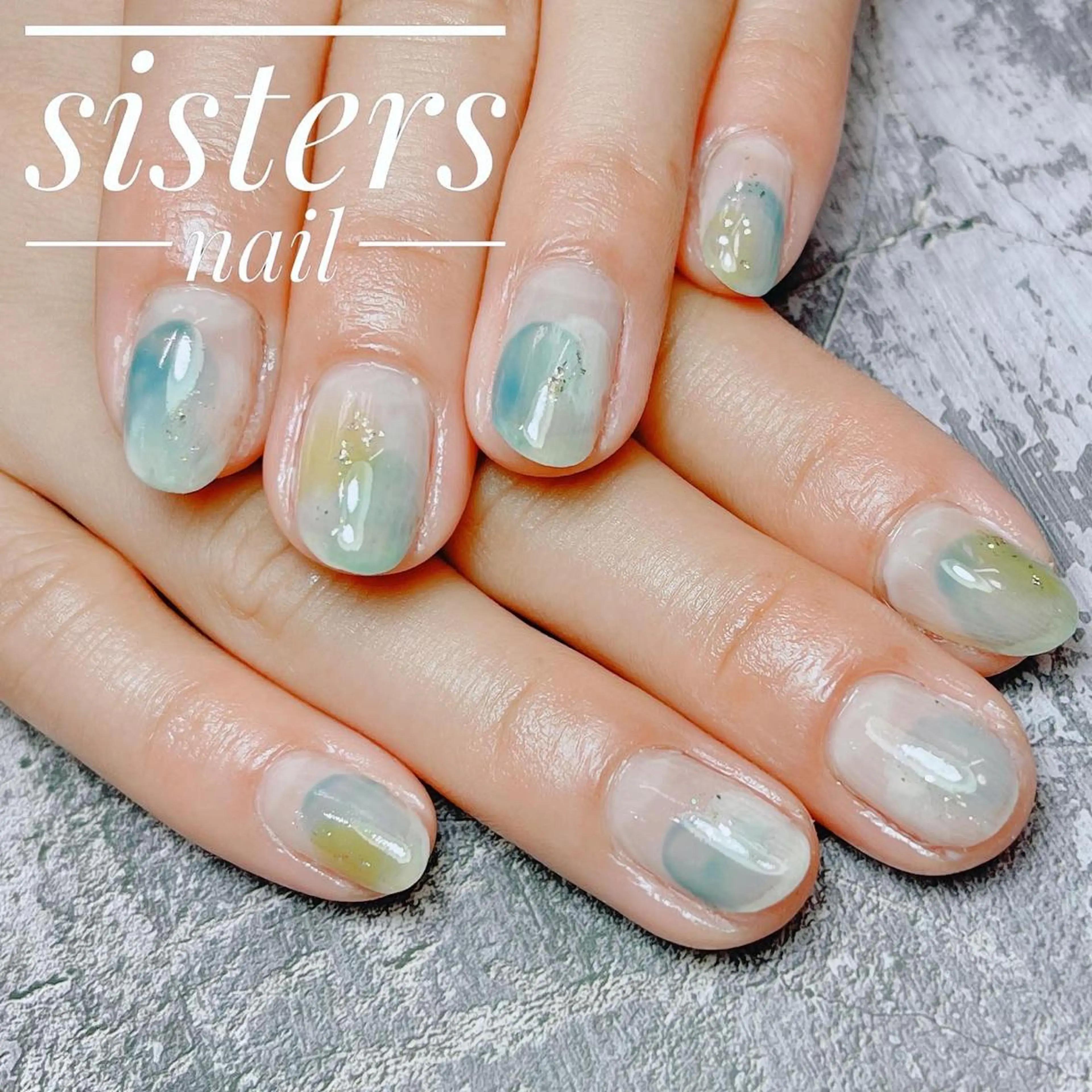 ネイル アートネイル ブルー カジュアル グリーン 氷ネイル・うるうるネイル ハンドネイル ハンドケア sisters nail.fのネイルデザイン