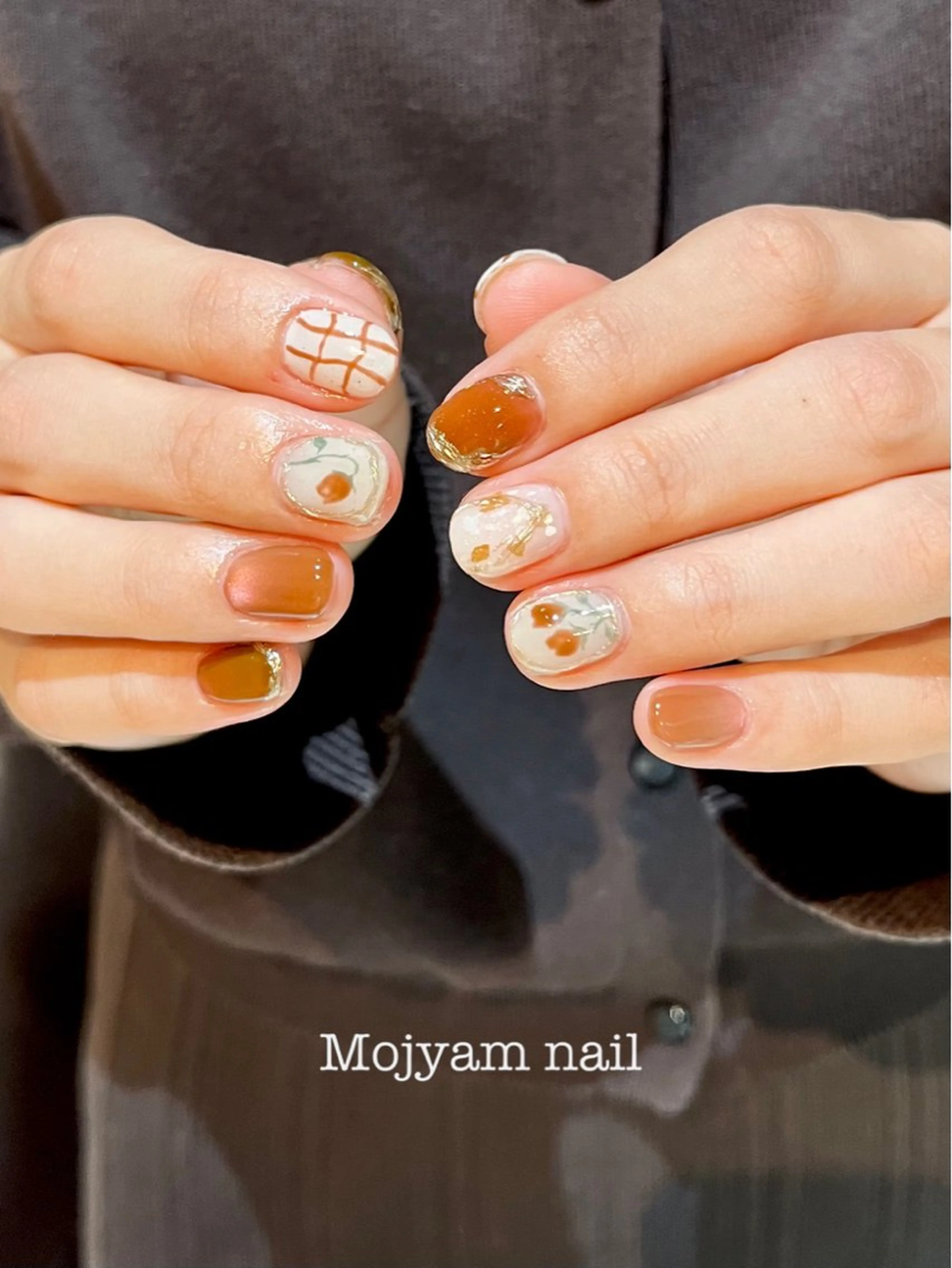 ネイル ブラウン フラワーネイル ジェルネイル 氷ネイル・うるうるネイル マグネットネイル ハンドネイル Mojyam nail所属・松本 実咲のネイルデザイン
