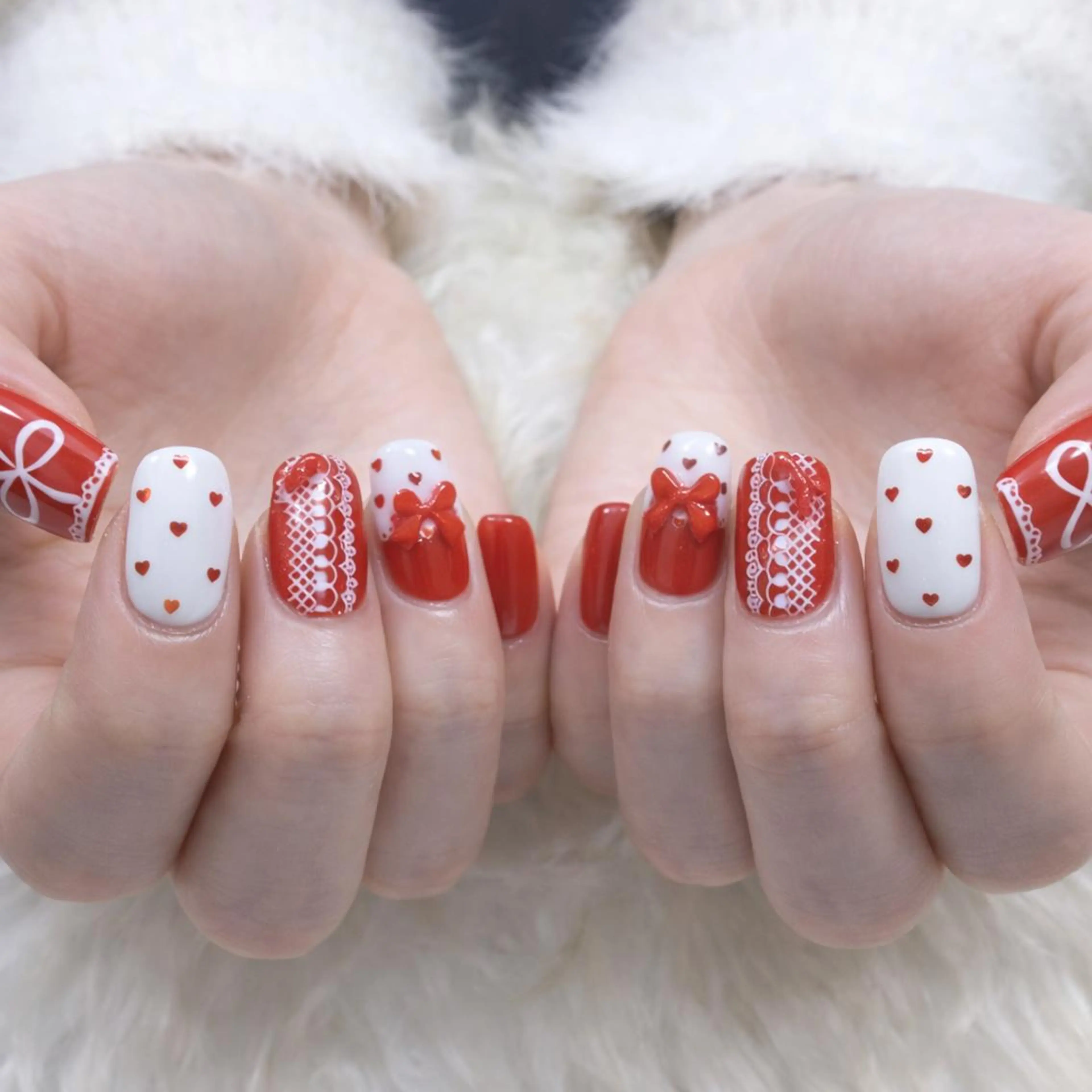 ネイル ハート レース リボン ハンドネイル Miku. Nのネイルデザイン