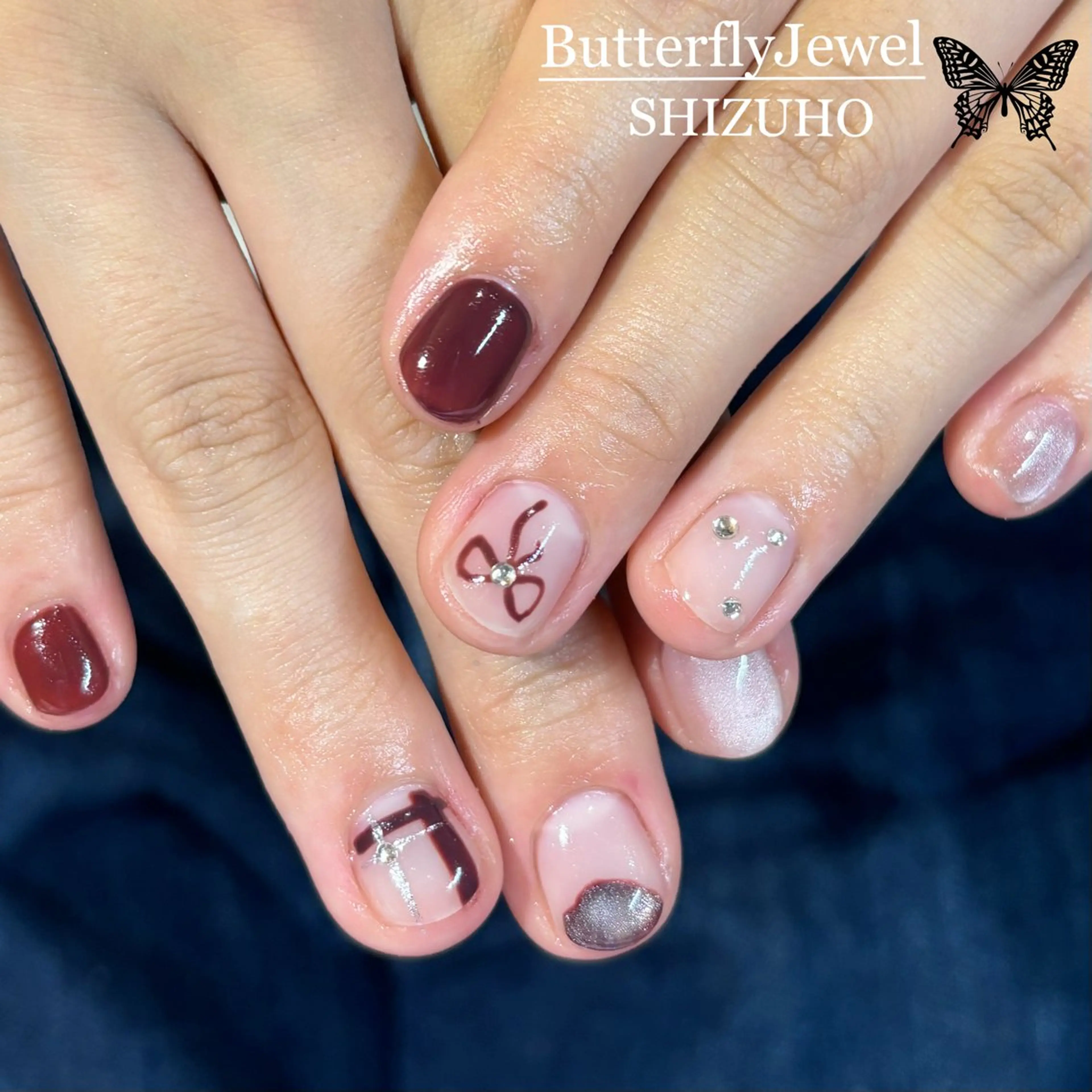 ネイル ボルドー ショートネイル ハンドネイル Butterfly Jewel本店のマツエク・マツパデザイン