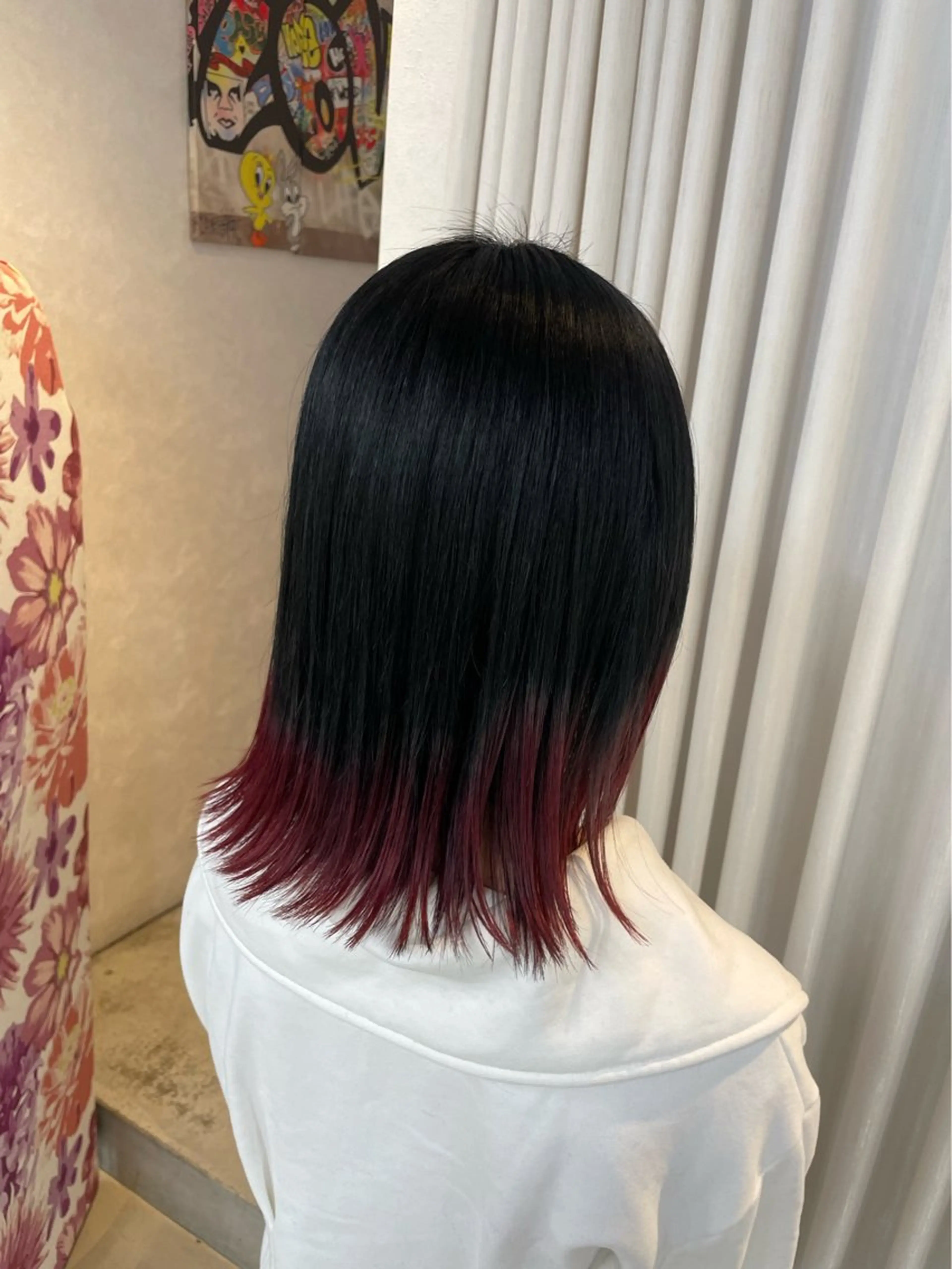 ミディアム カラー 黒髪 レッドカラー 安井まゆ _Box mico.のヘアスタイル